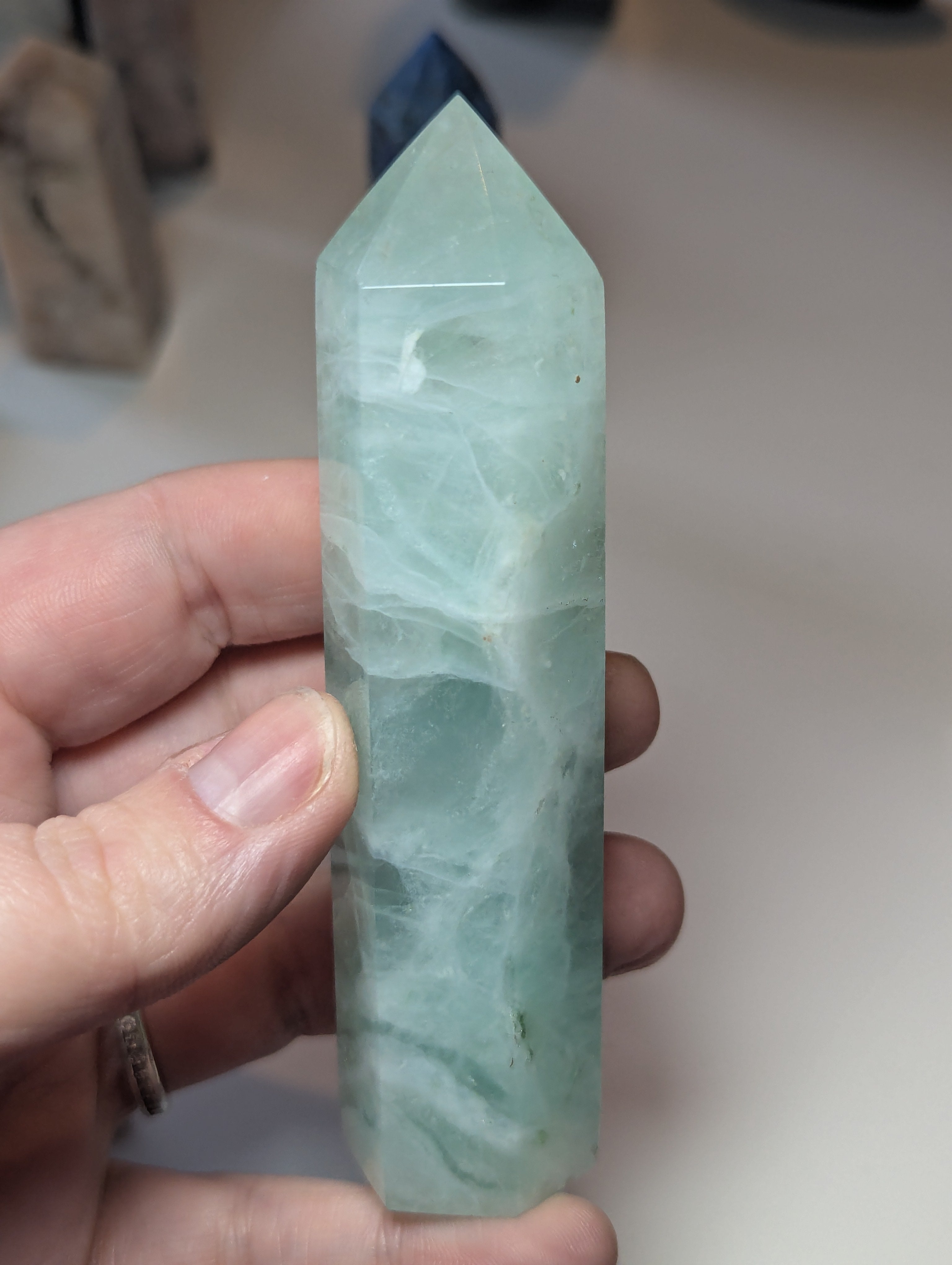 Green Flourite crystal tower carving