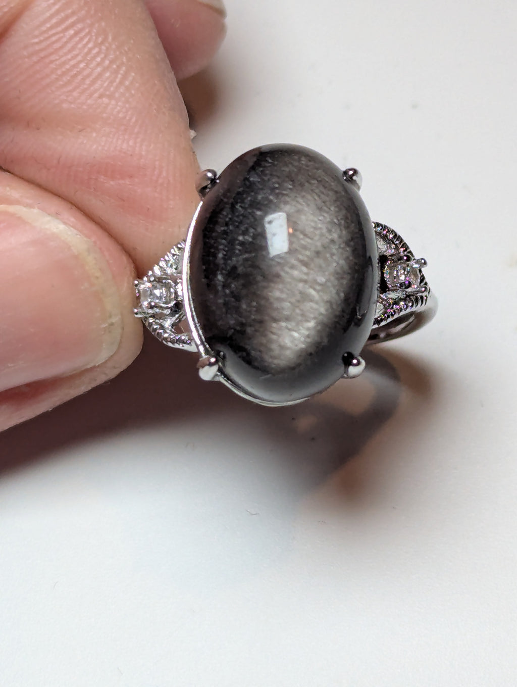 Silver sheen obsidian crystal ring