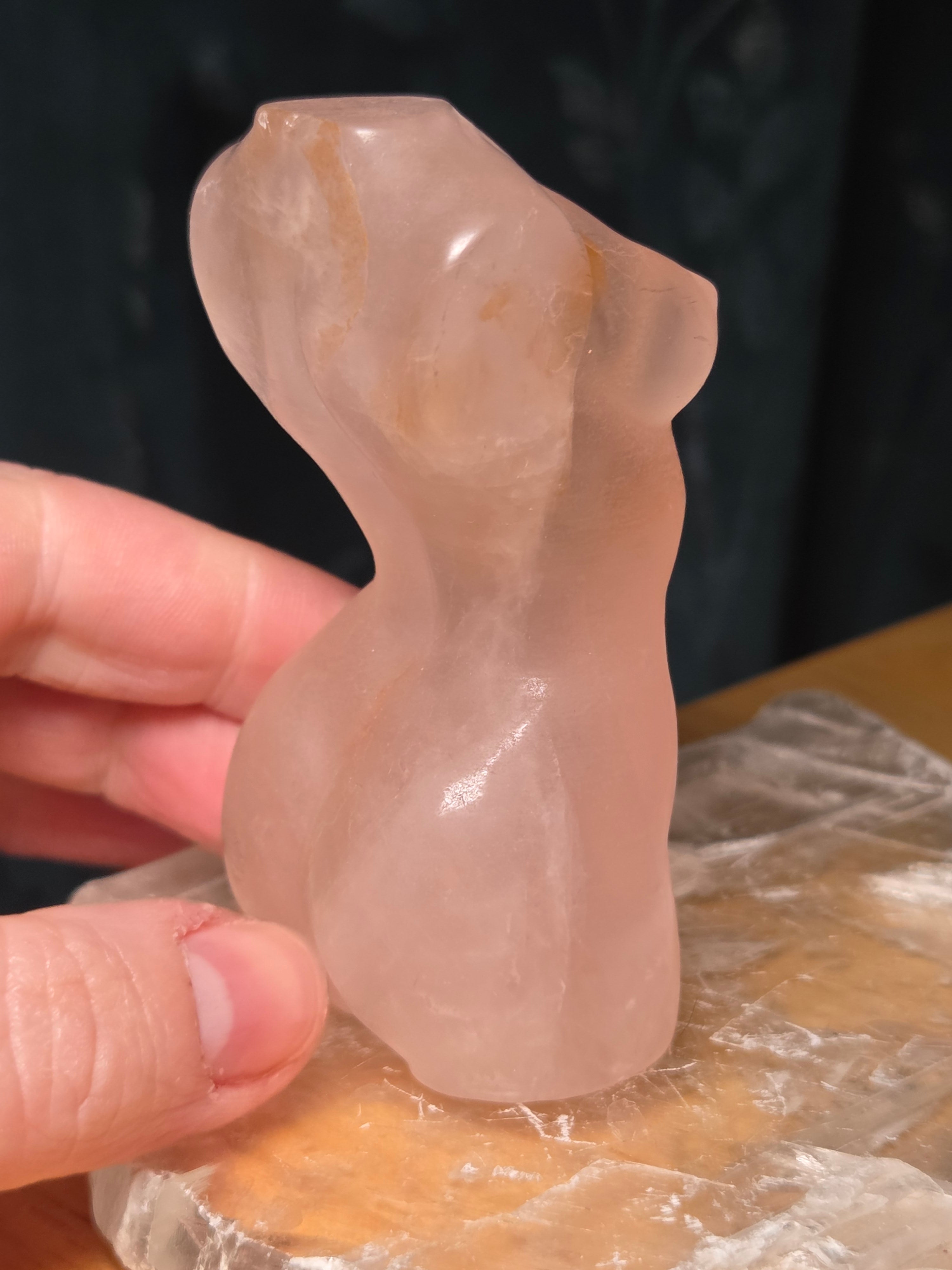 Rose quartz crystal female body carving with golden healer