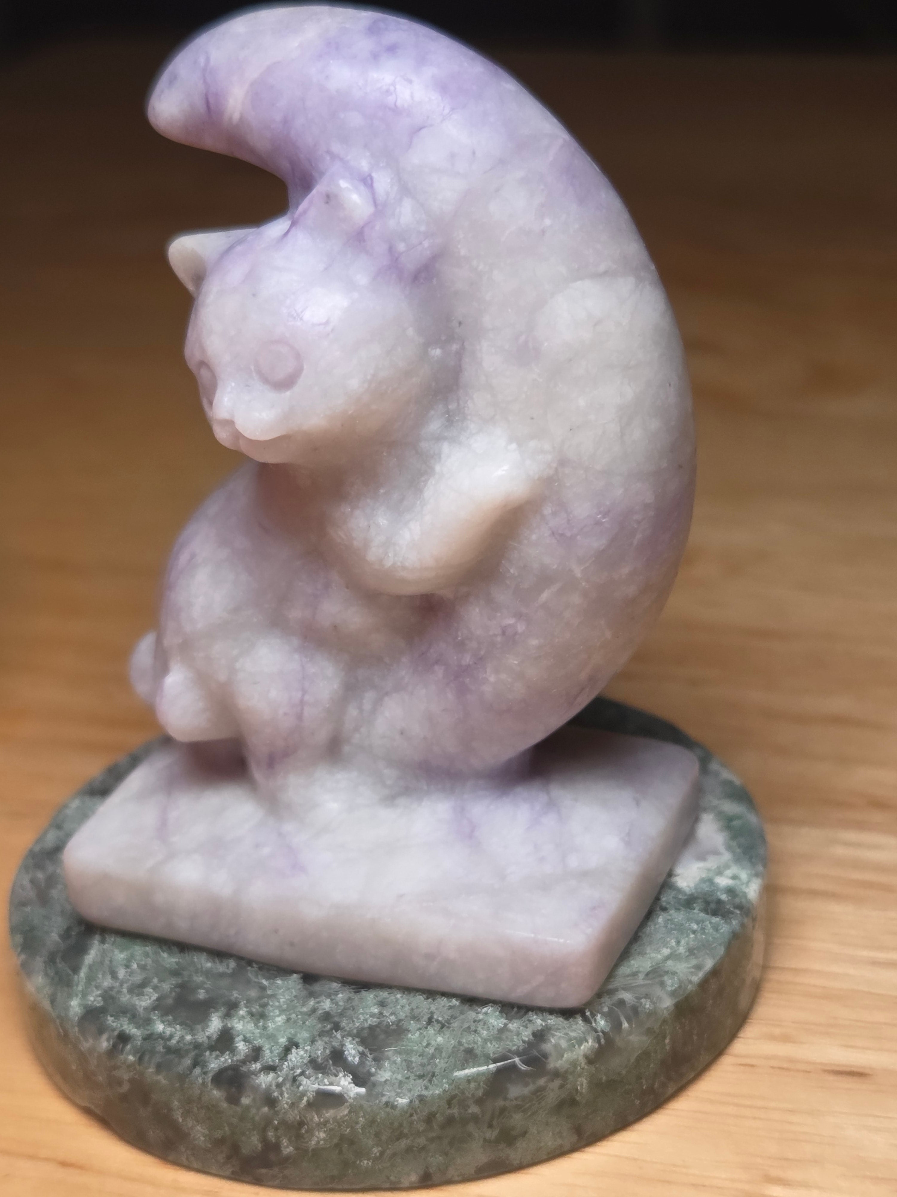 Purple turquoise crystal cat and moon carving