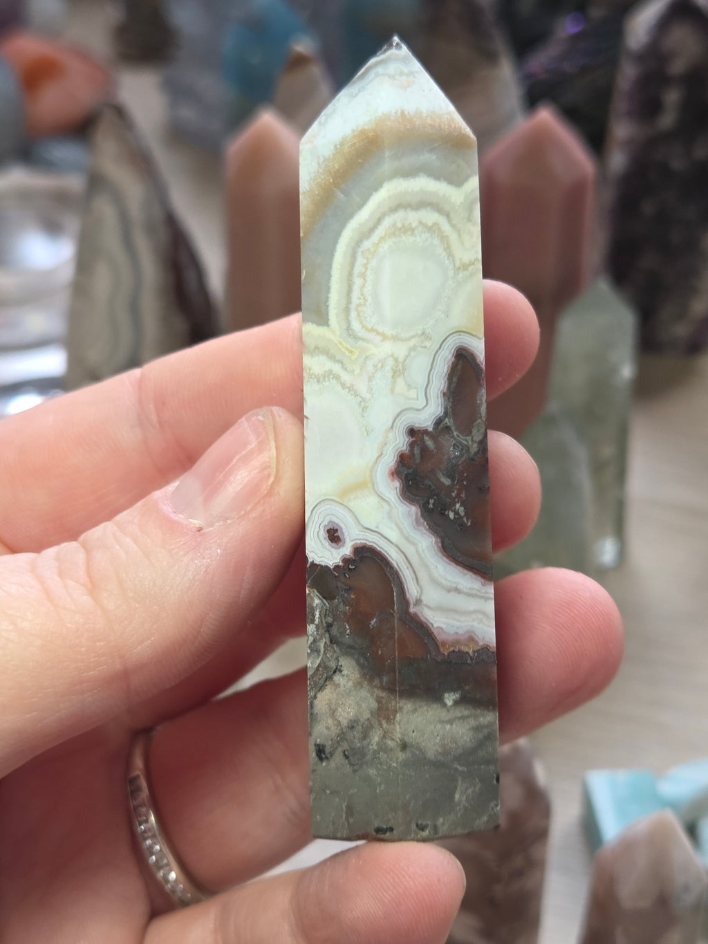 Mexican crazy agate crystal tower carving