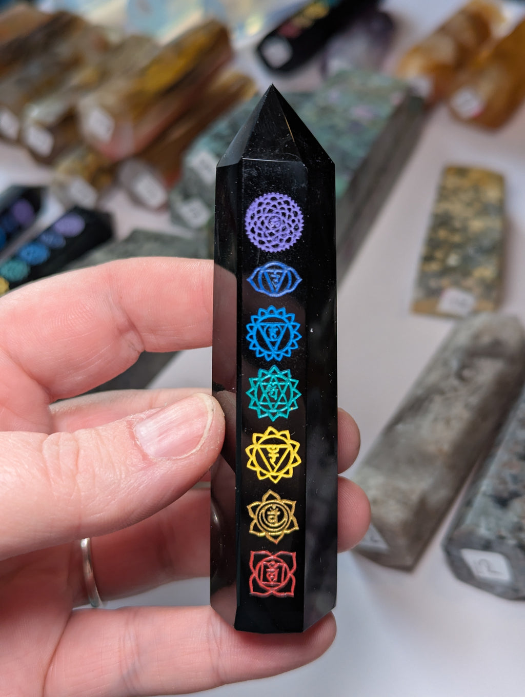 Obsidian chackra crystal tower carving