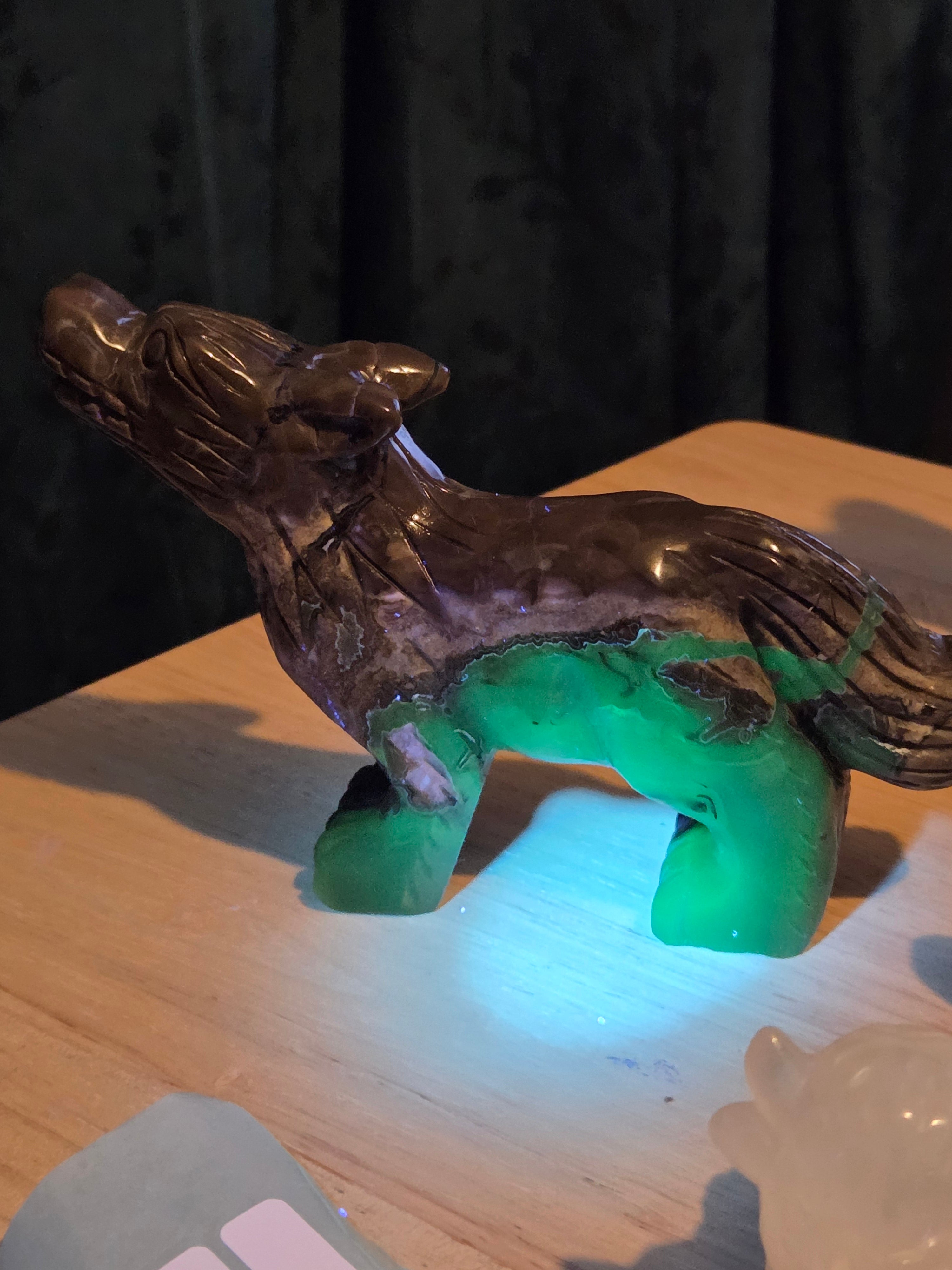Volcano Agate crystal wolf carving Green uv