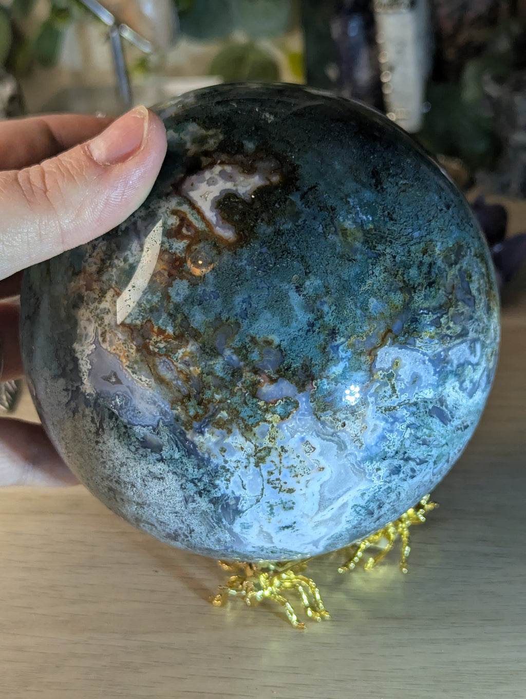 New 50% off on check out XL Moss Agate crystal sphere with stand over 13cm