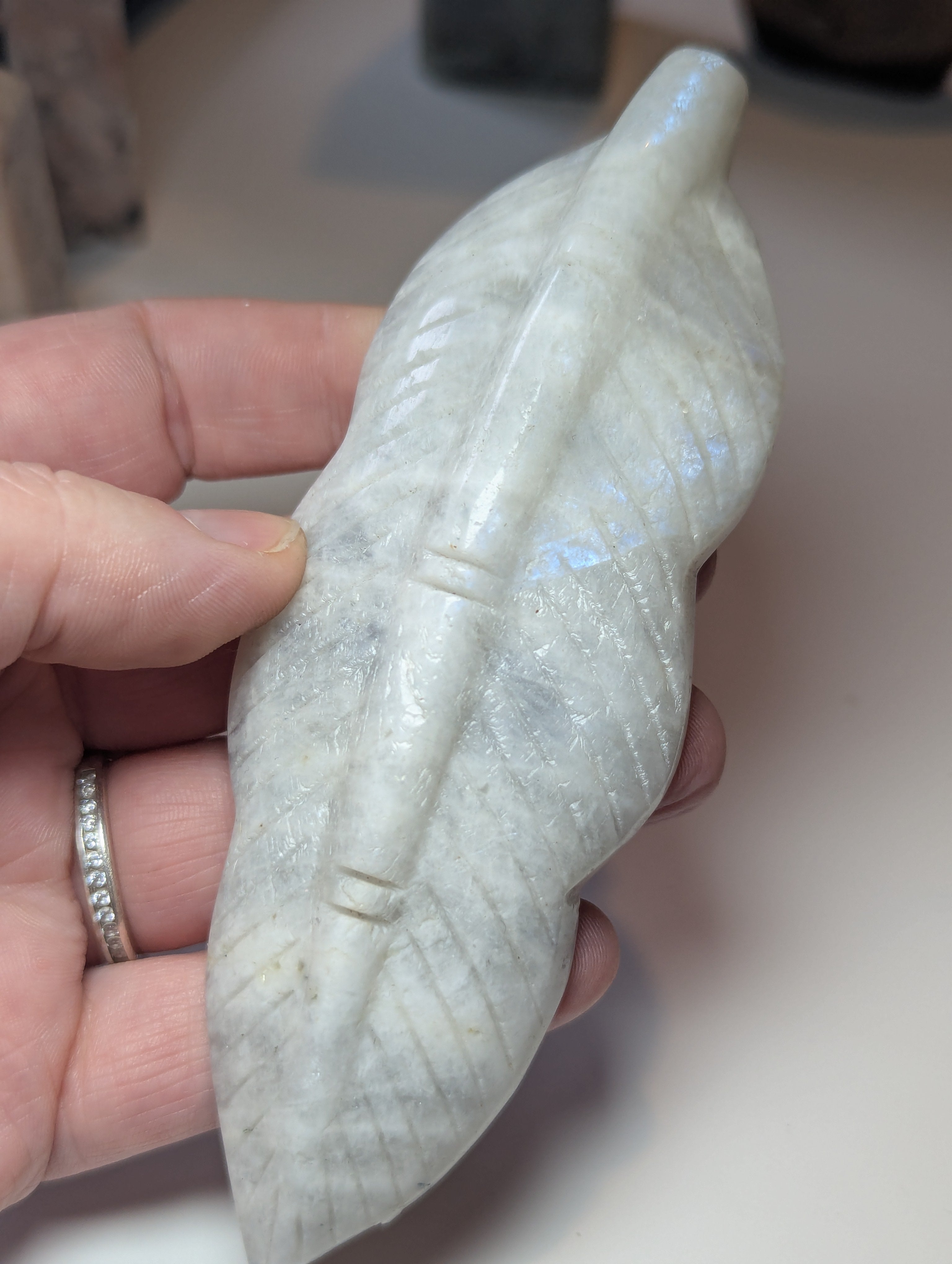 Rainbow moonstone crystal feather carving