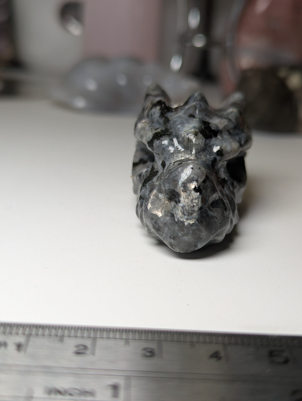 Larvakite crystal dragon head carving