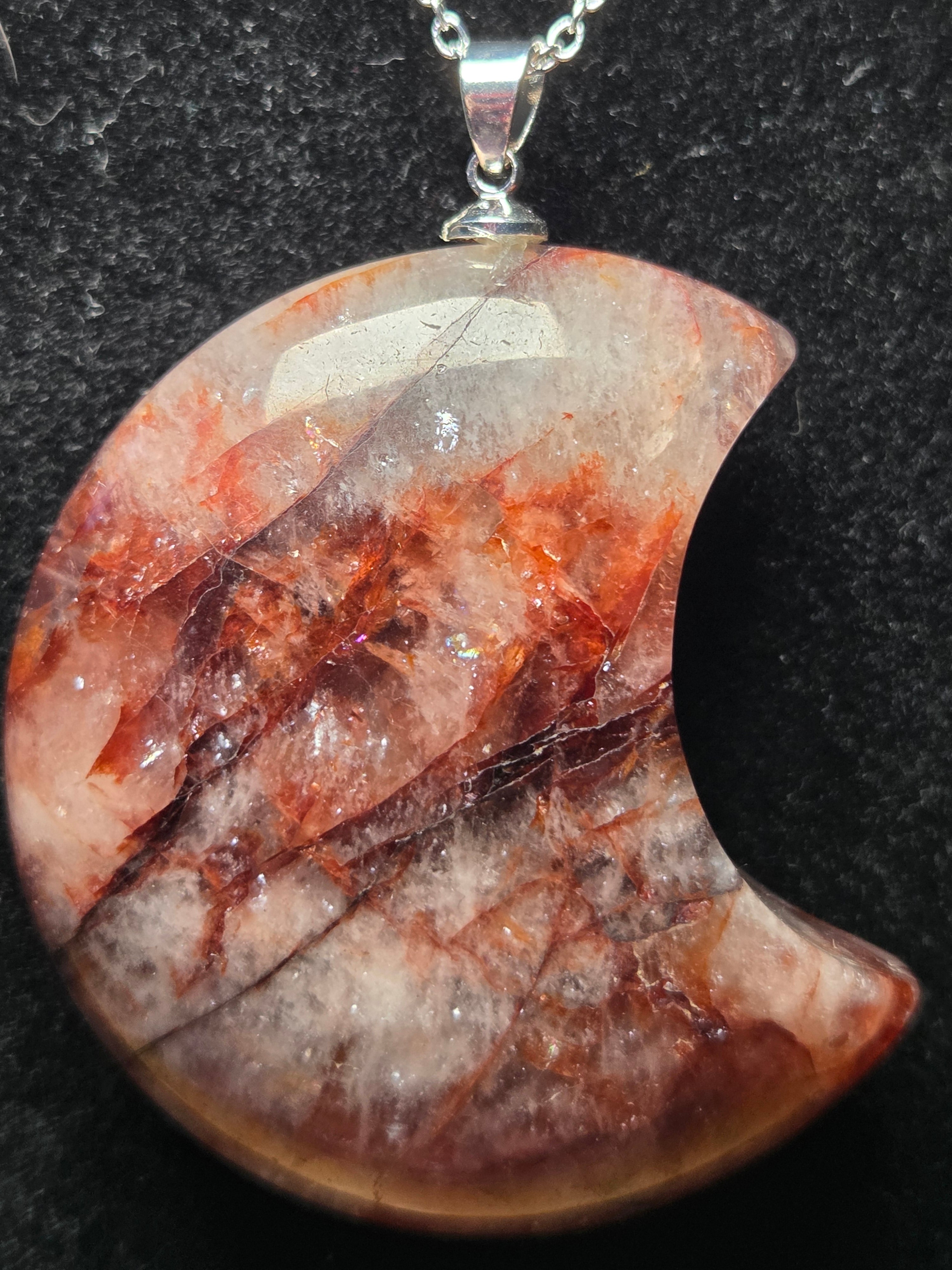 S925 Fire quartz crystal large  moon pendant