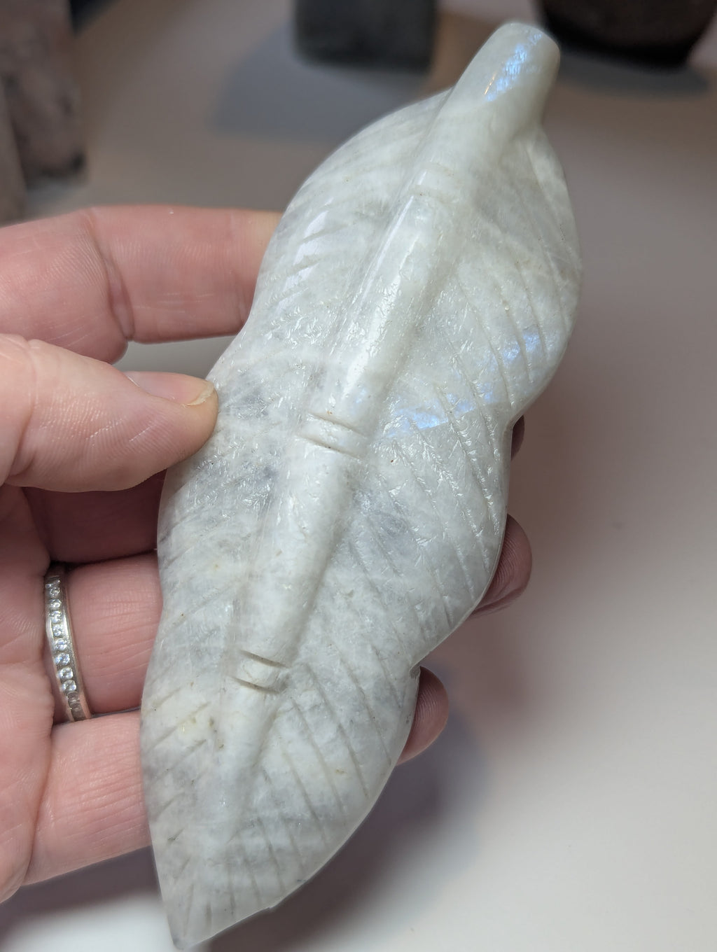 Rainbow moonstone crystal feather carving