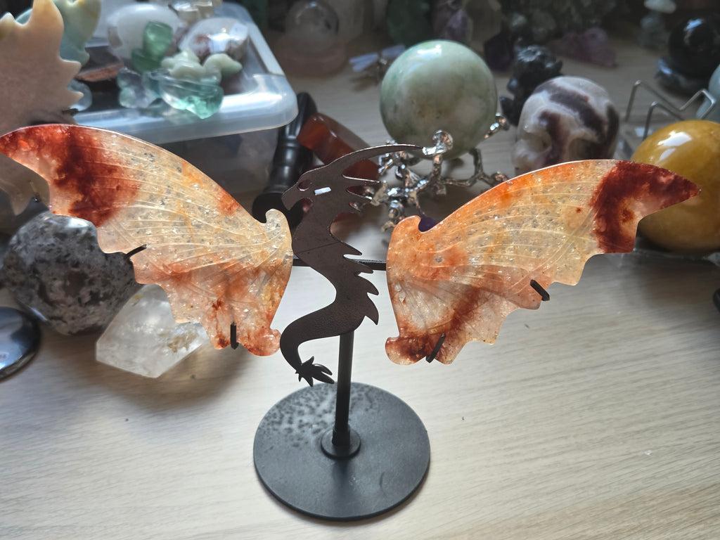 Amazing Fire Quartz crystal dragon wing carving