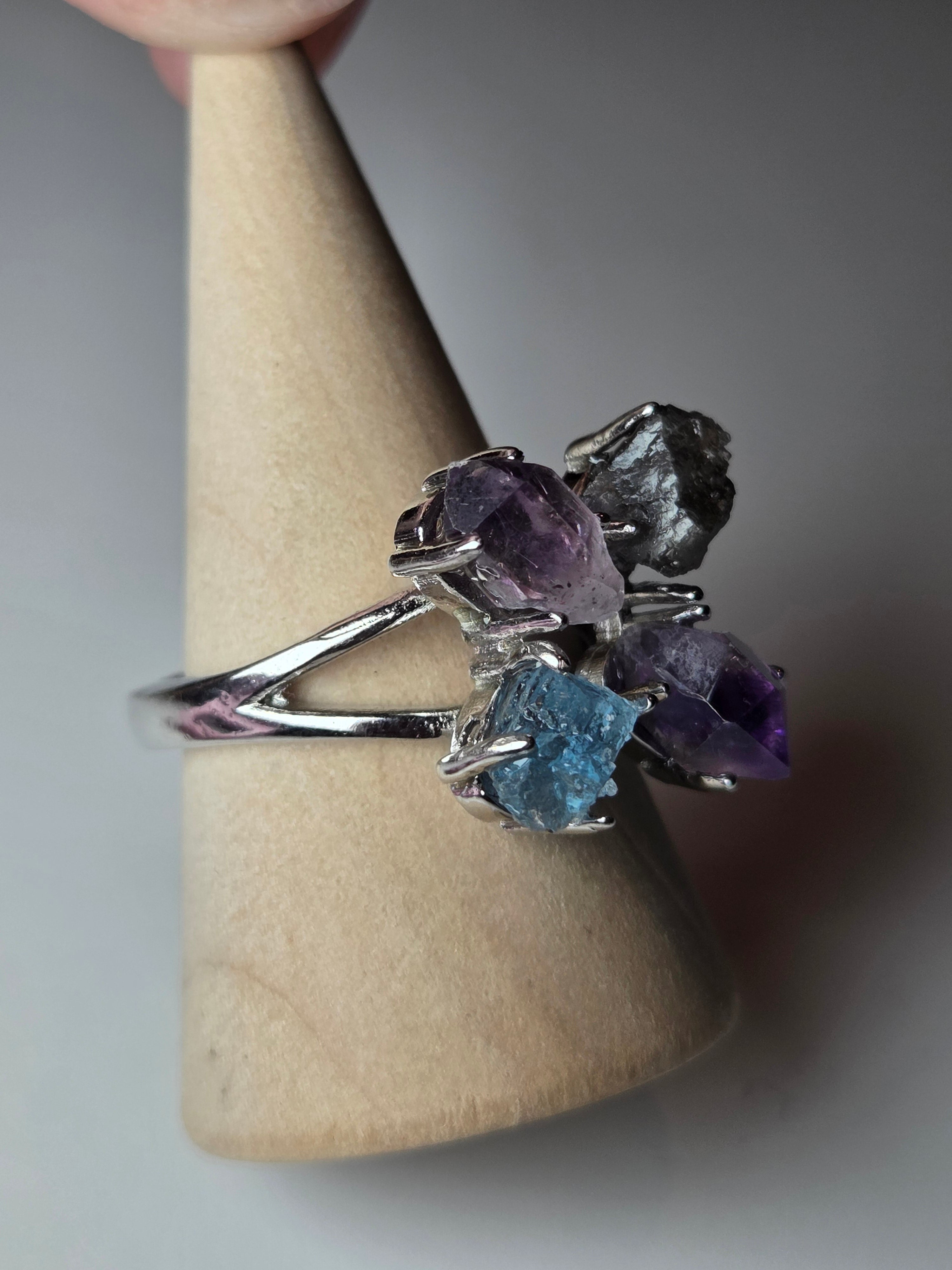 Aquamarine super 7 and heckimeer Diamond crystal adjustable ring