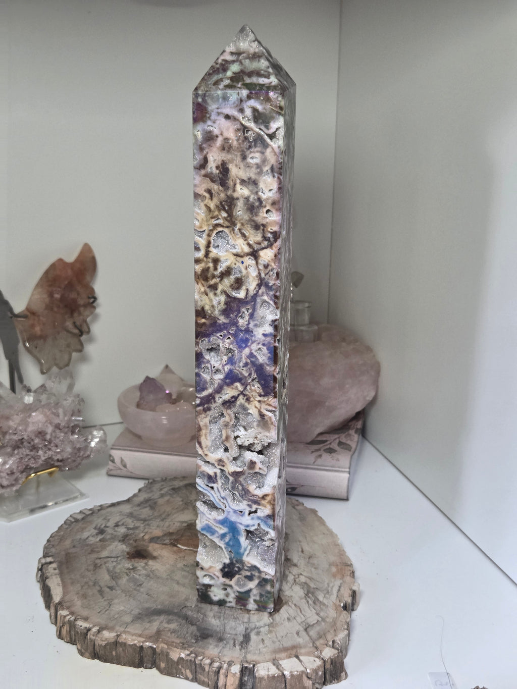 Aura coated Sphelerite crystal tower carving