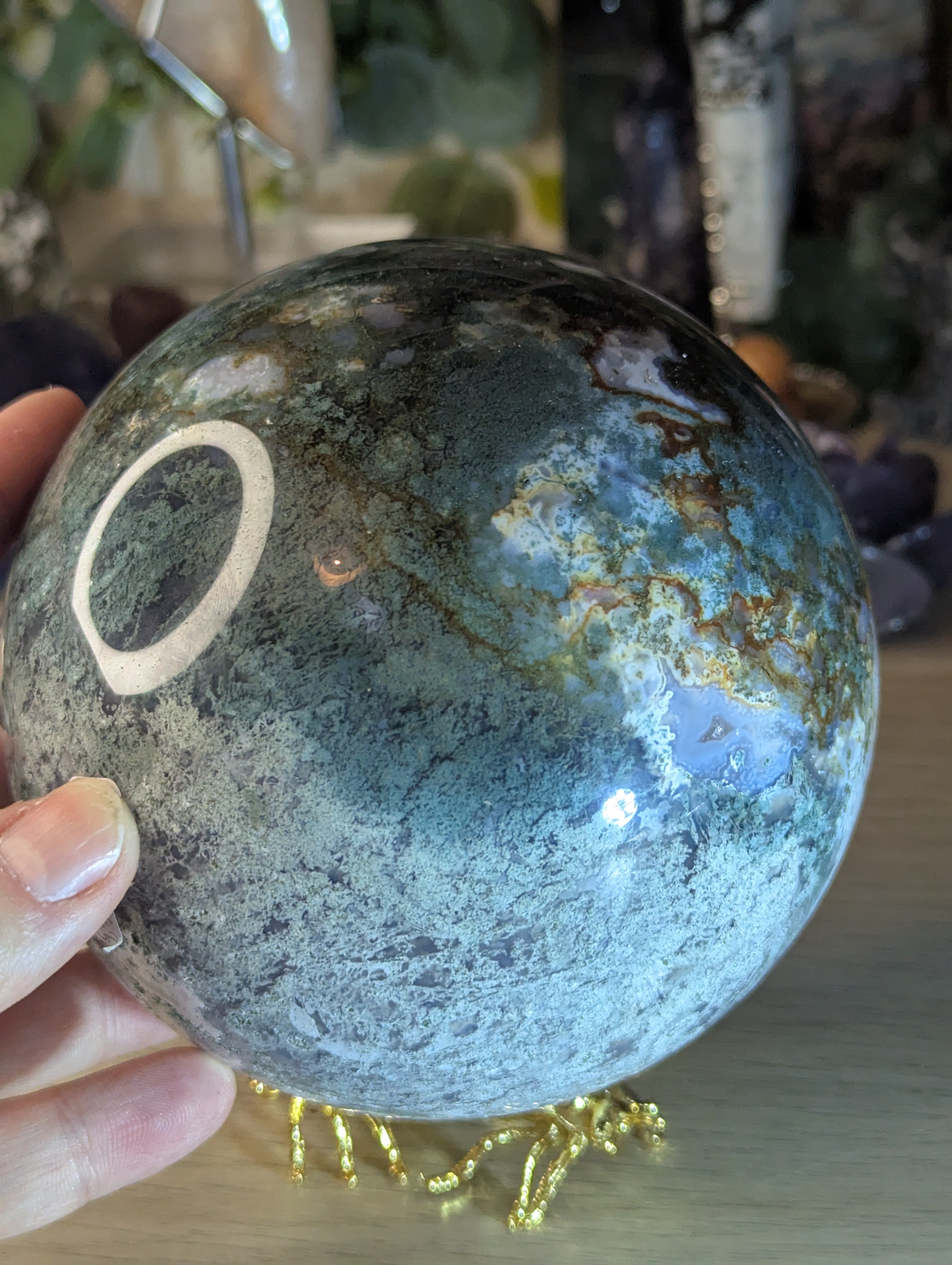 New 50% off on check out XL Moss Agate crystal sphere with stand over 13cm