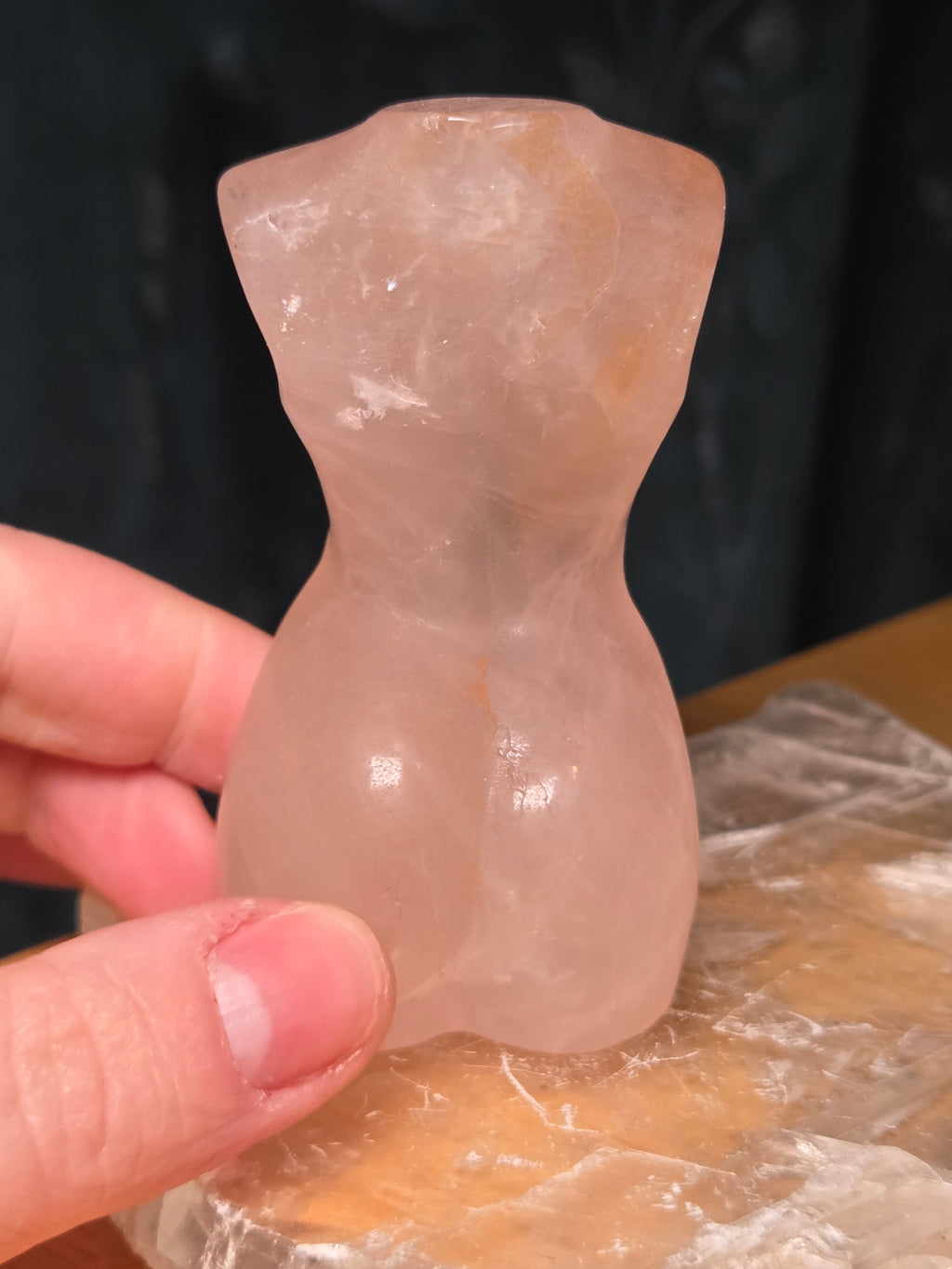 Rose quartz crystal female body carving with golden healer