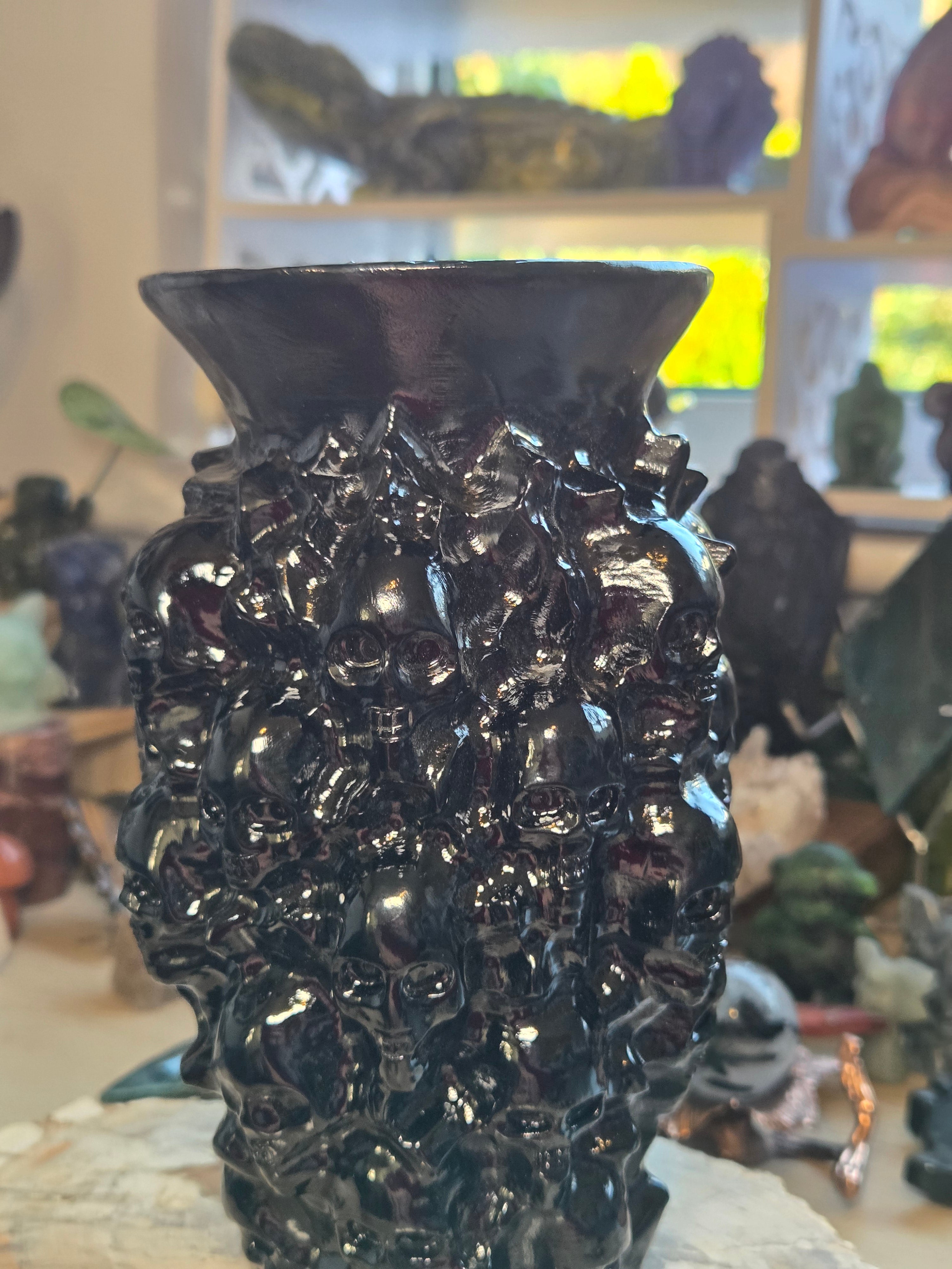 Hand-Carved Black Onyx Skull Vase