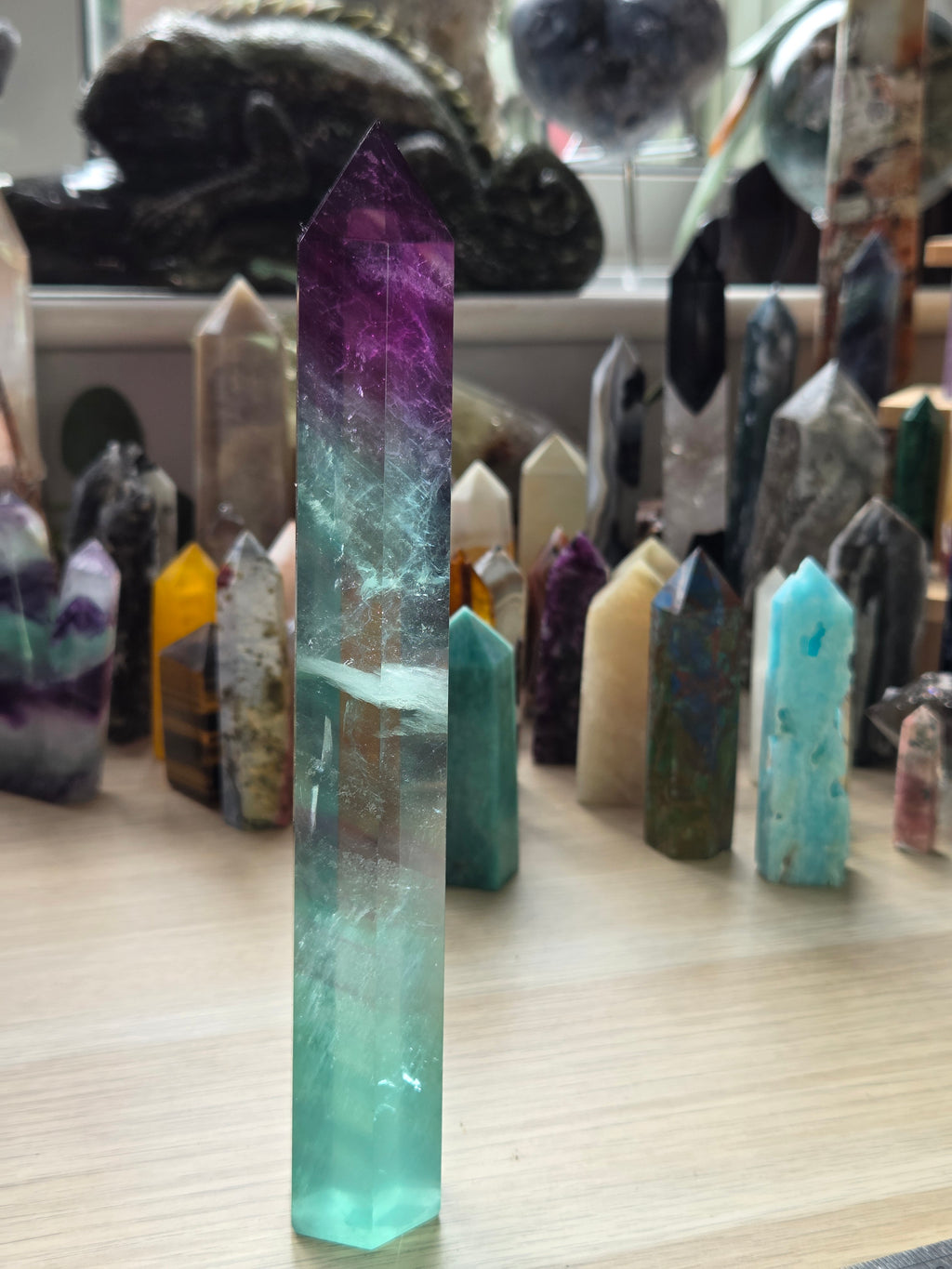 Beautiful large Flourite crystal tower carving