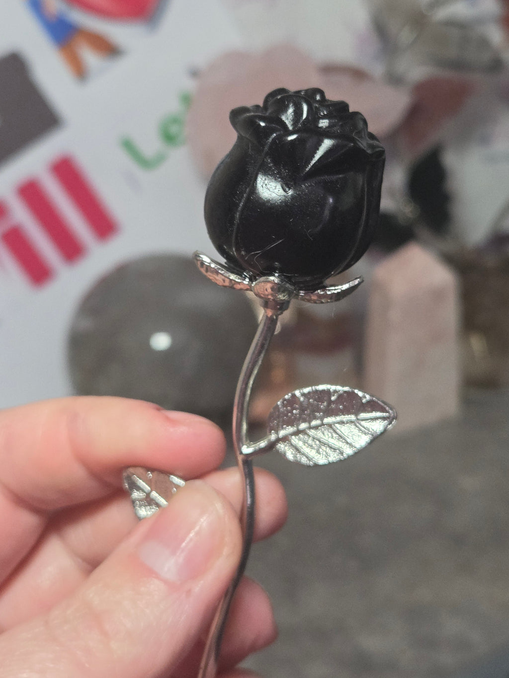 Obsidian crystal rose with stem