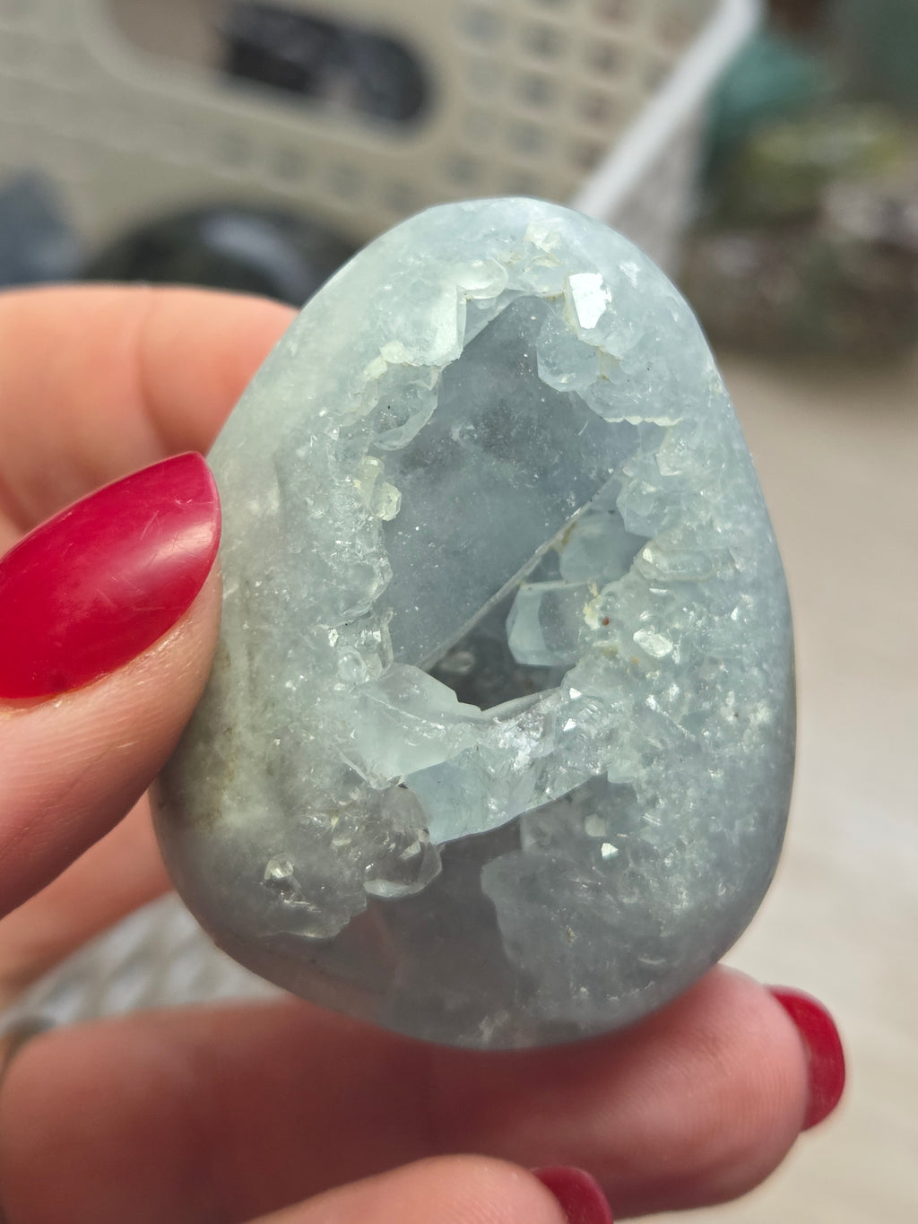 Blue celicite crystal egg carving specimen