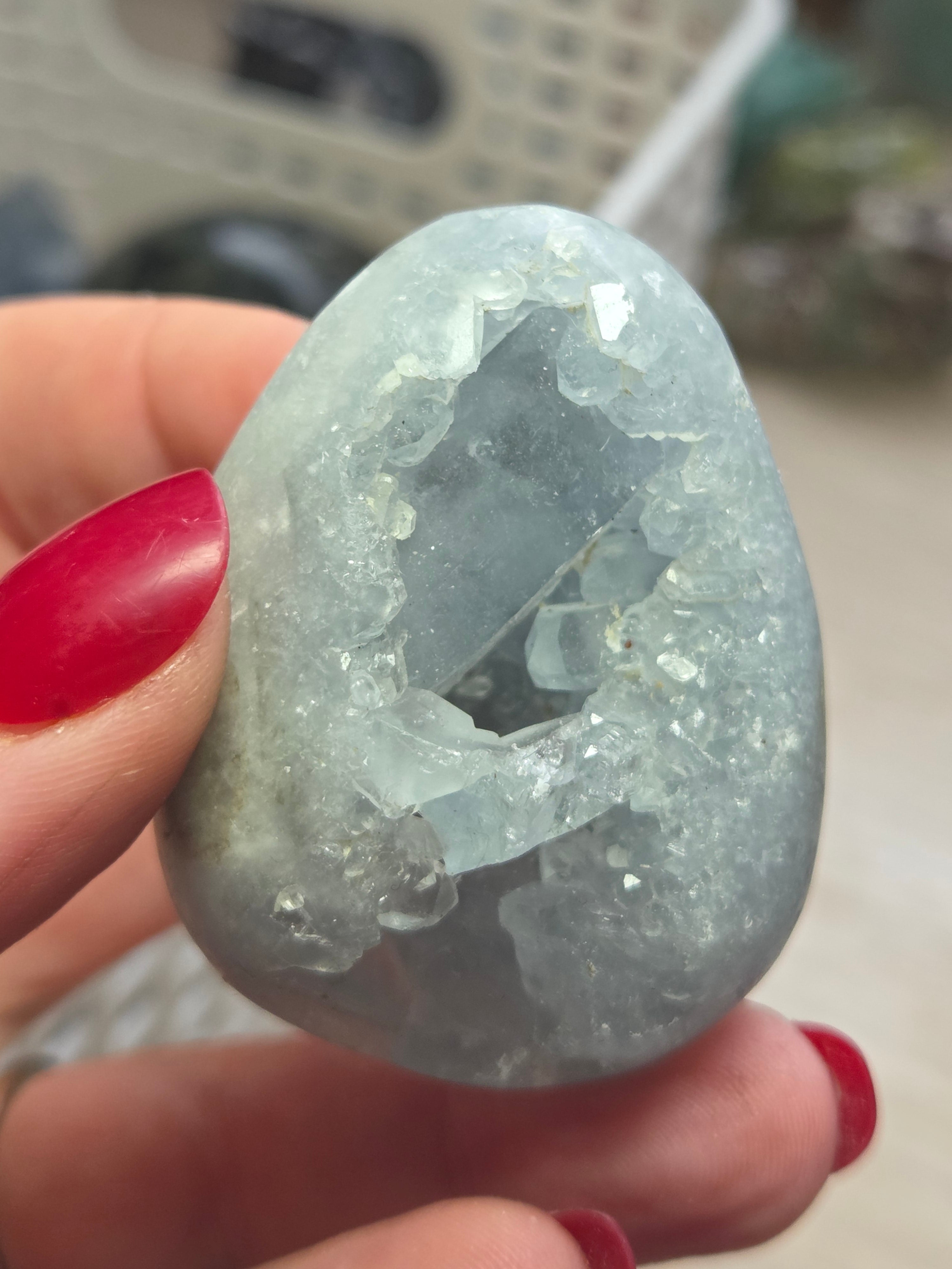 Blue celicite crystal egg carving specimen