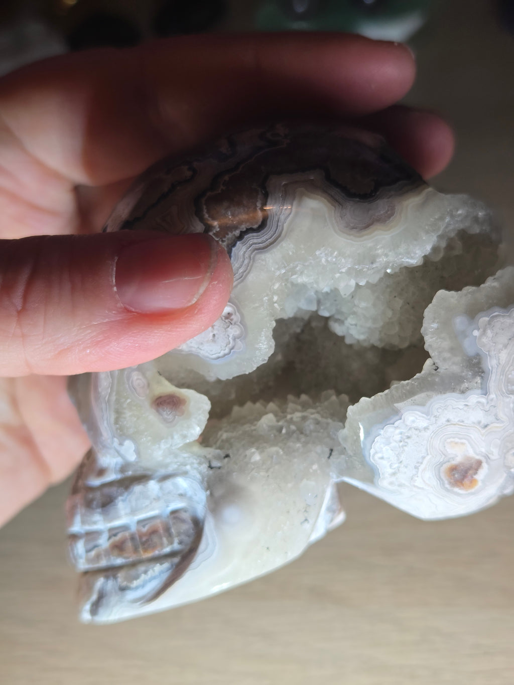 Mexican crazy agate crystal Skull  with open Duzy carving