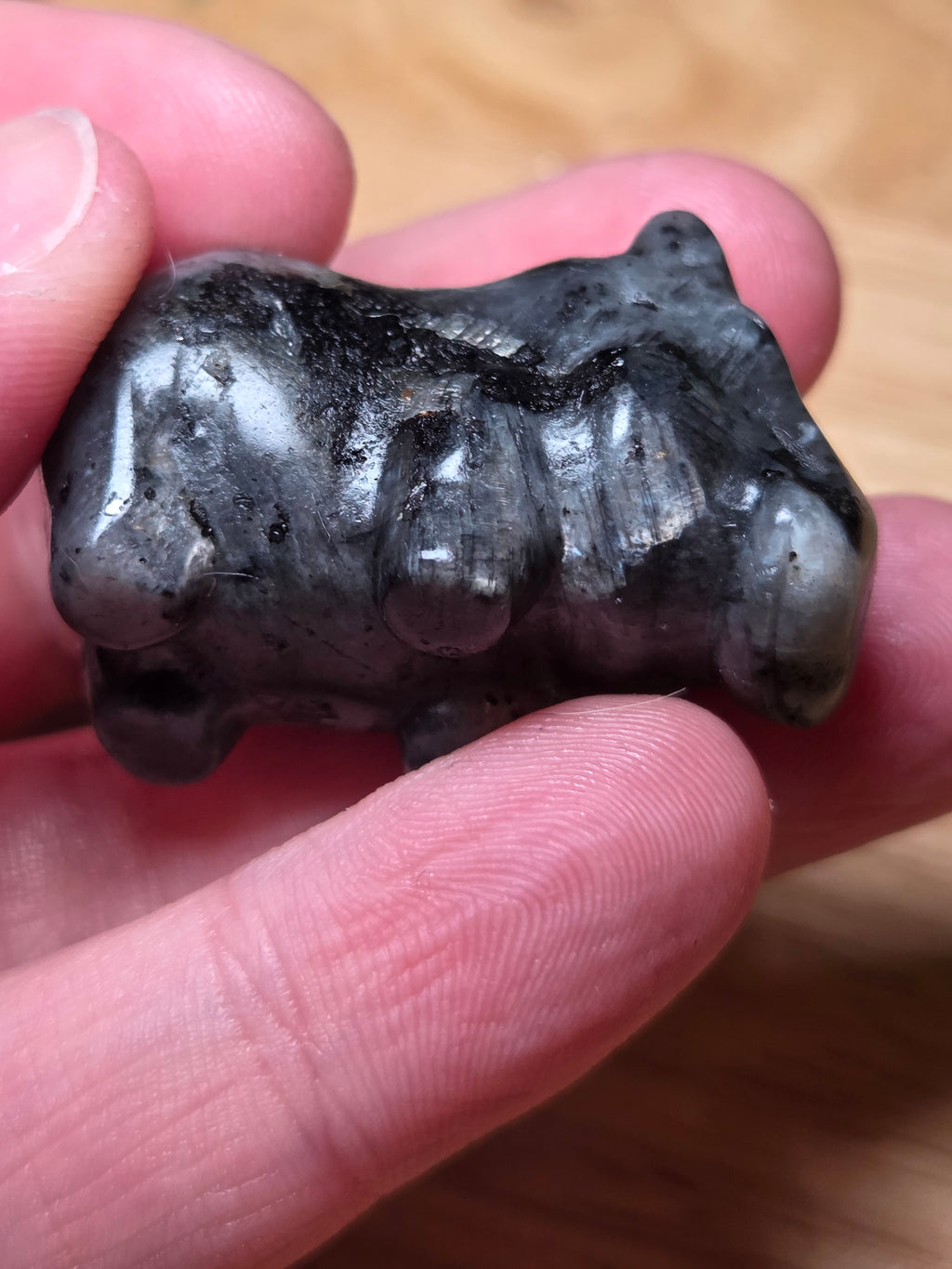 Larvakite small Hippo crystal carving