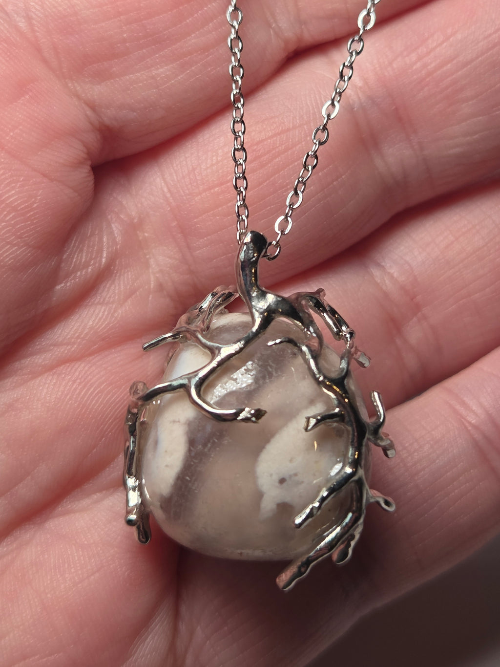 Pink flower agate crystal necklace
