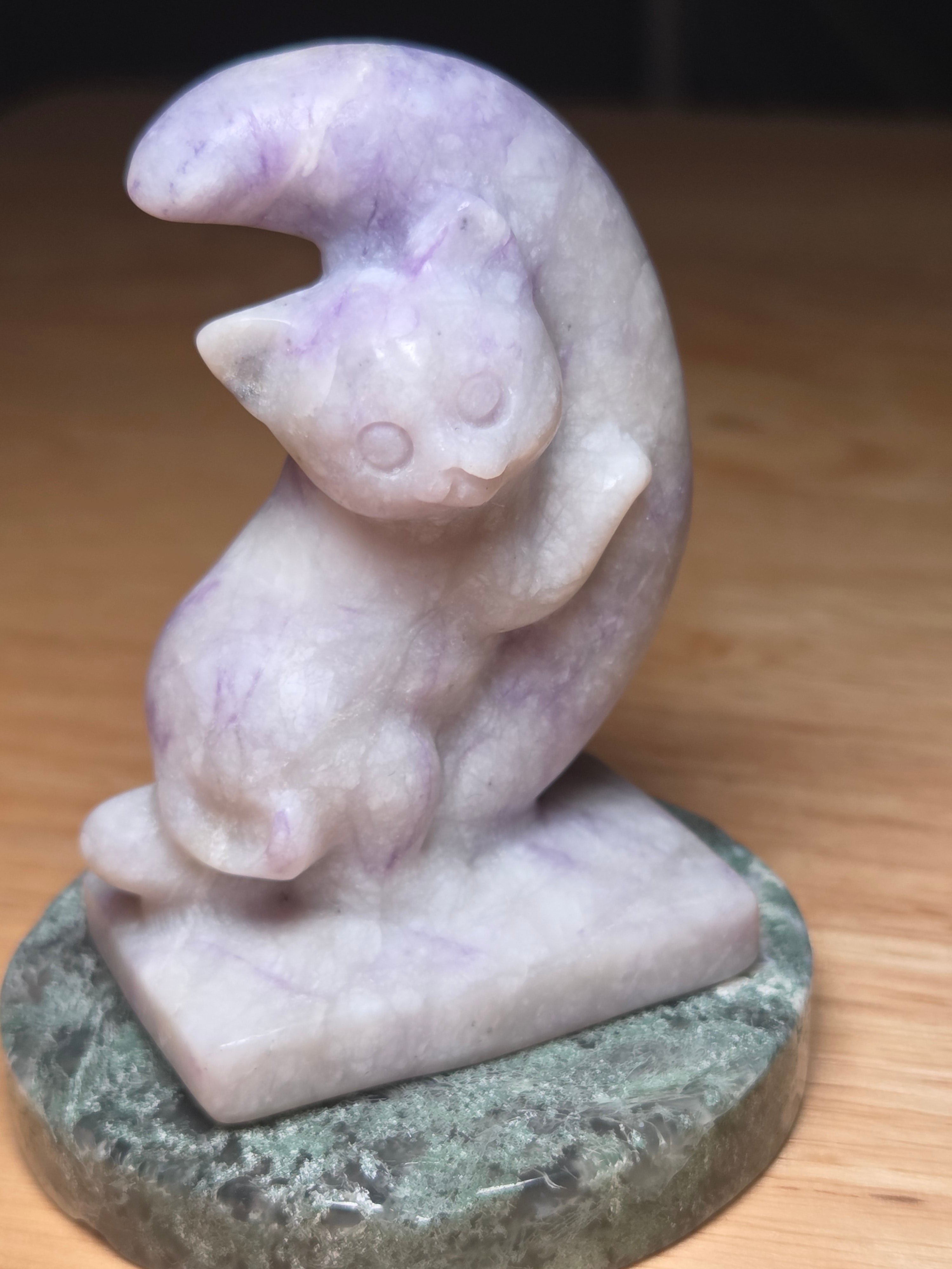 Purple turquoise crystal cat and moon carving