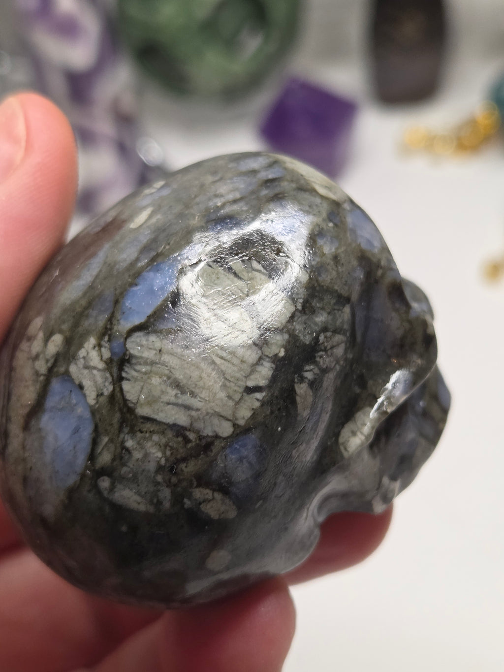 Blue spot crystal skull carving