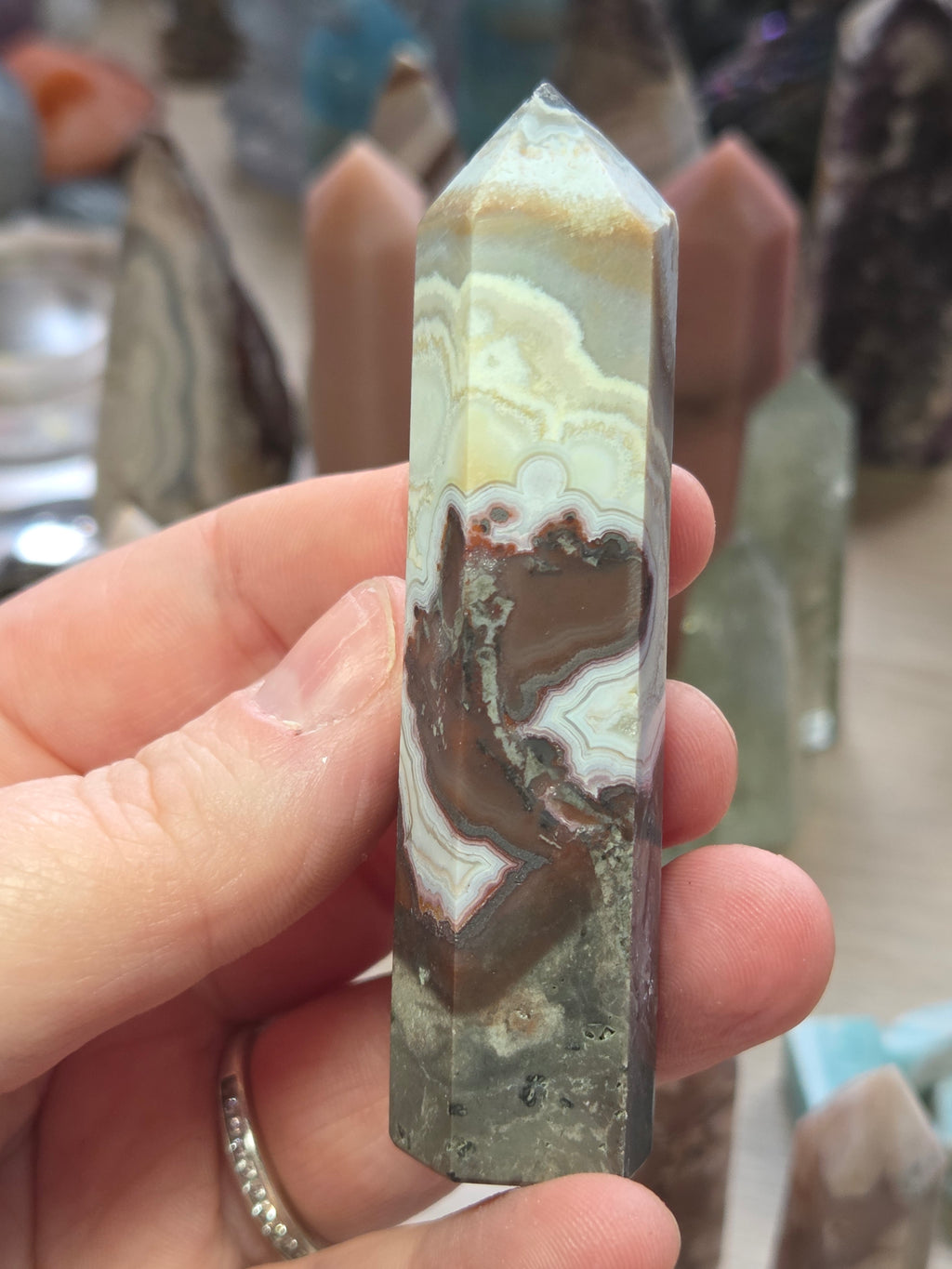 Mexican crazy agate crystal tower carving