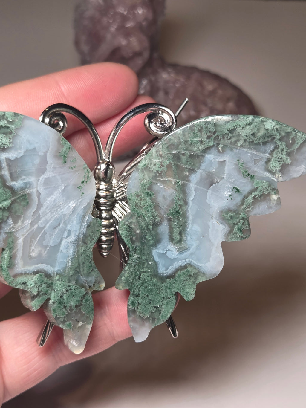 Moss Agate crystal butterfly carving