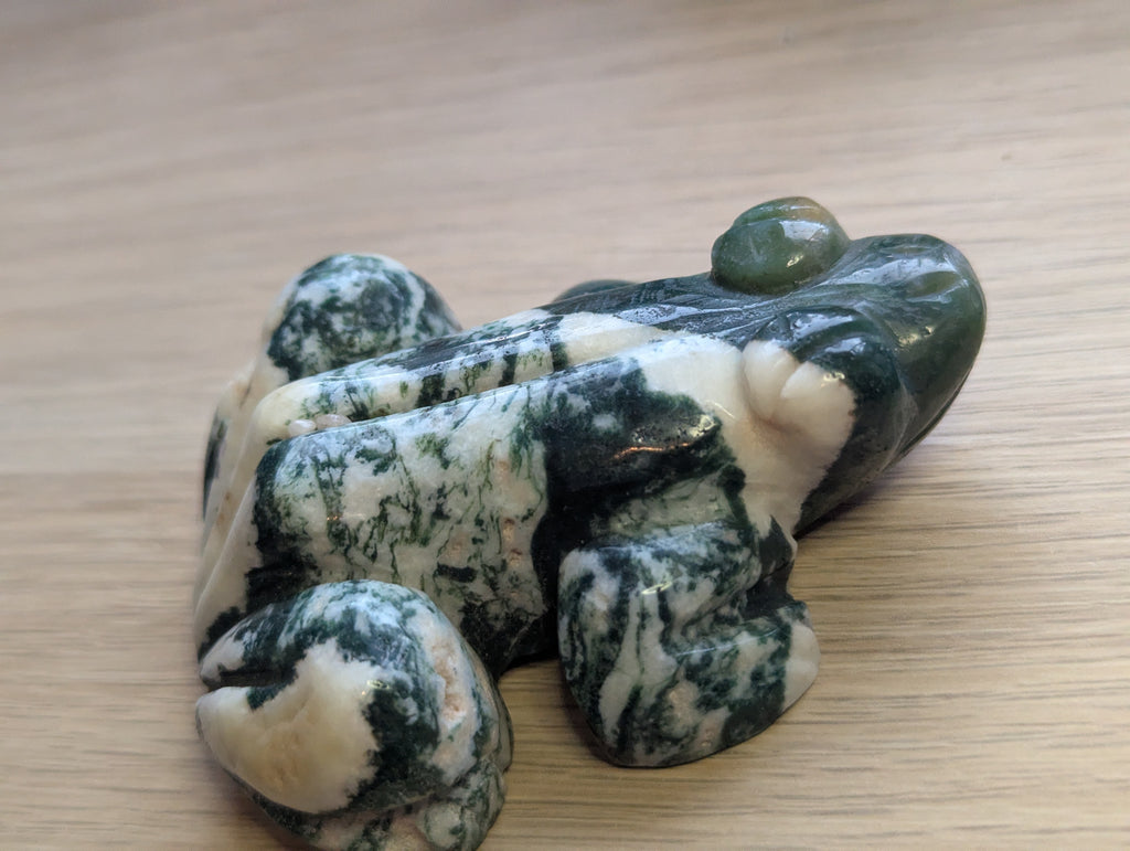 Large Moss Agate crystal frog carving