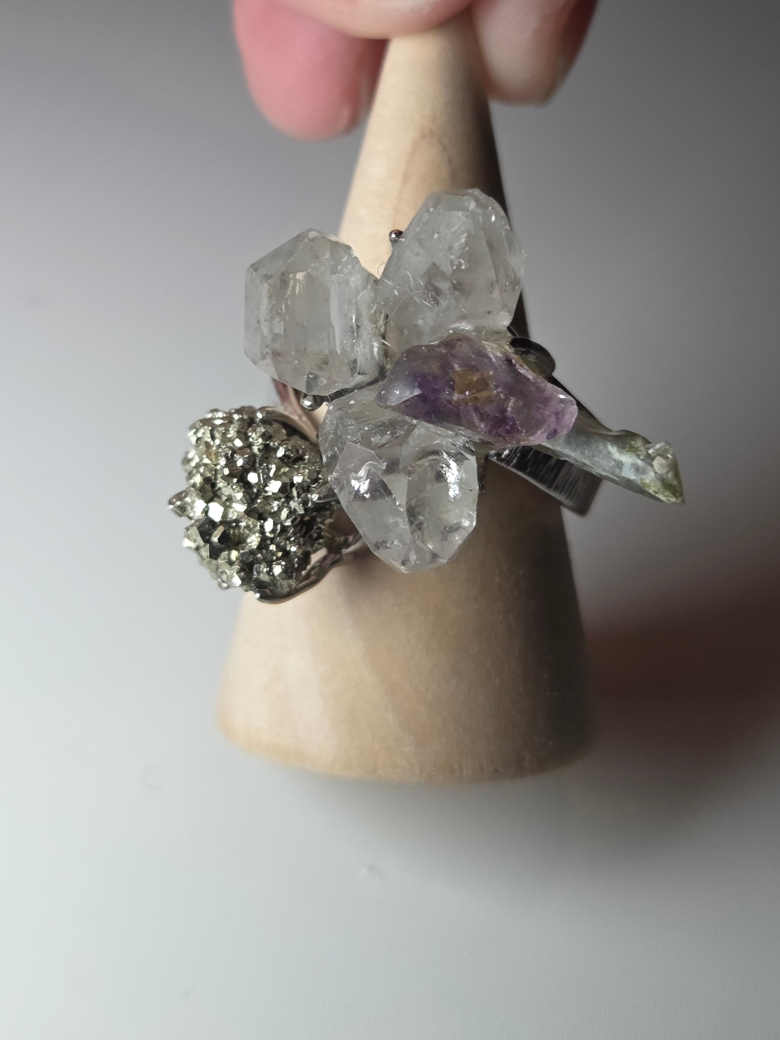 Specimen adjustable ring including super 7, quartz and pyrite