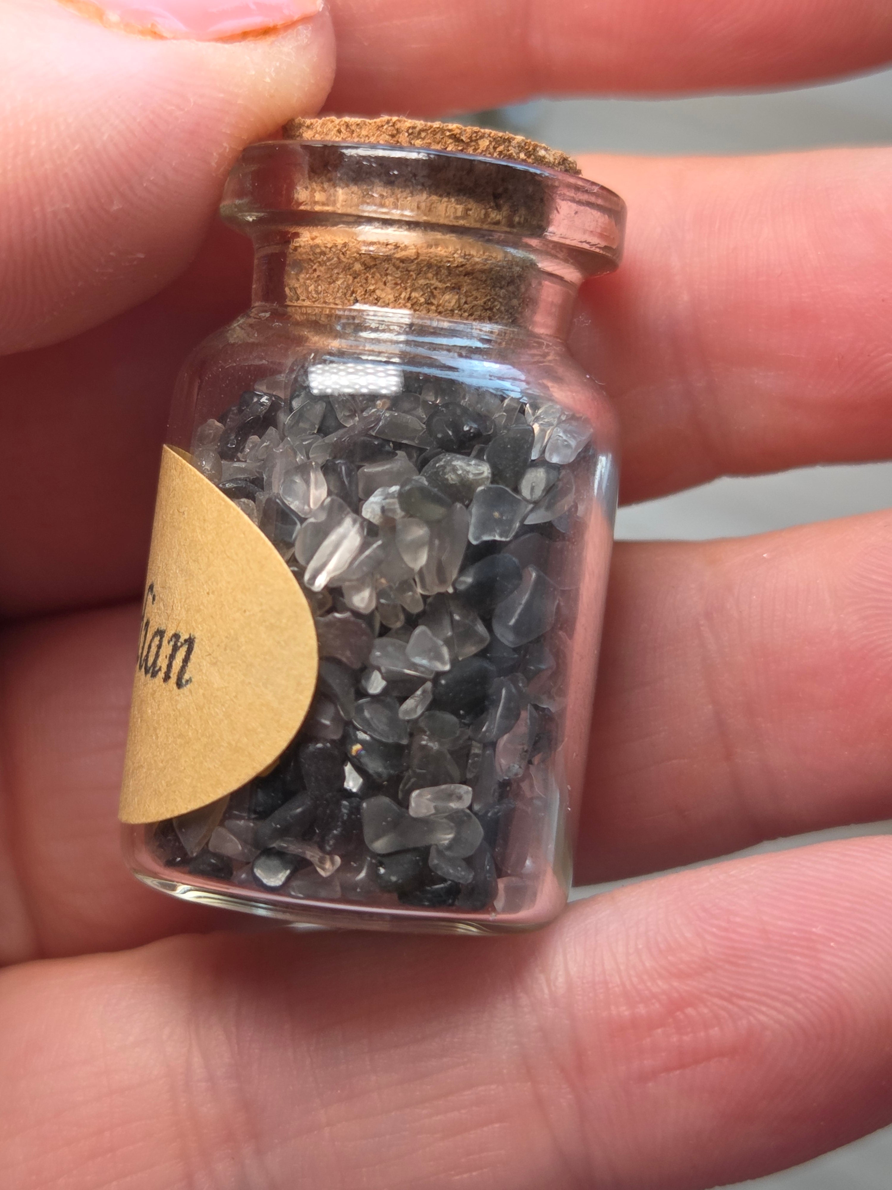 Crystal chips in glass jar