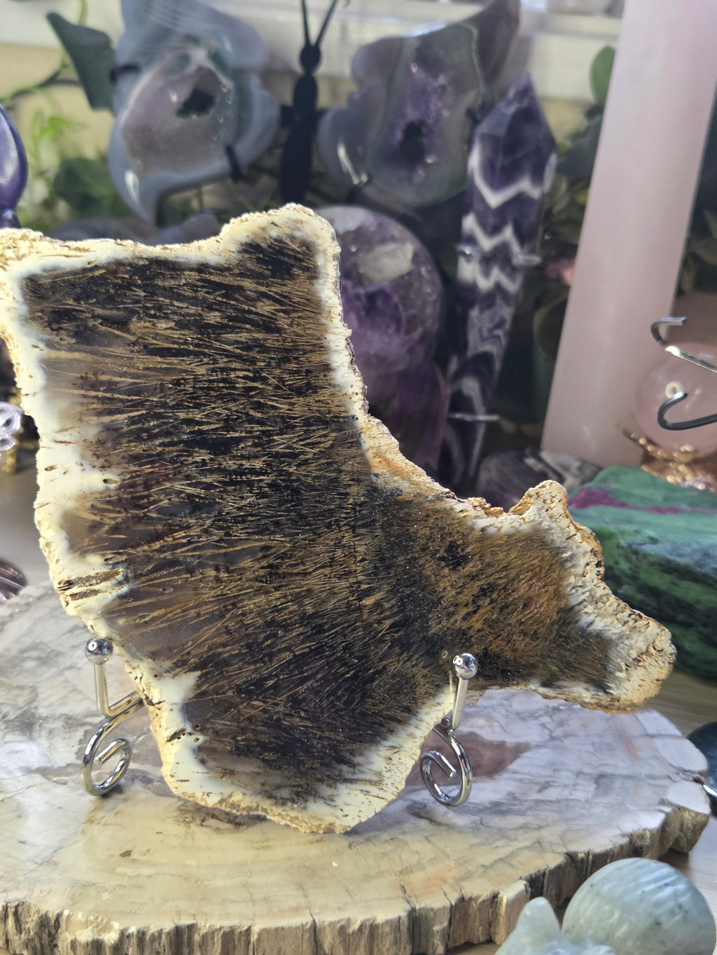 Golden rutile in black agate crystal  slice