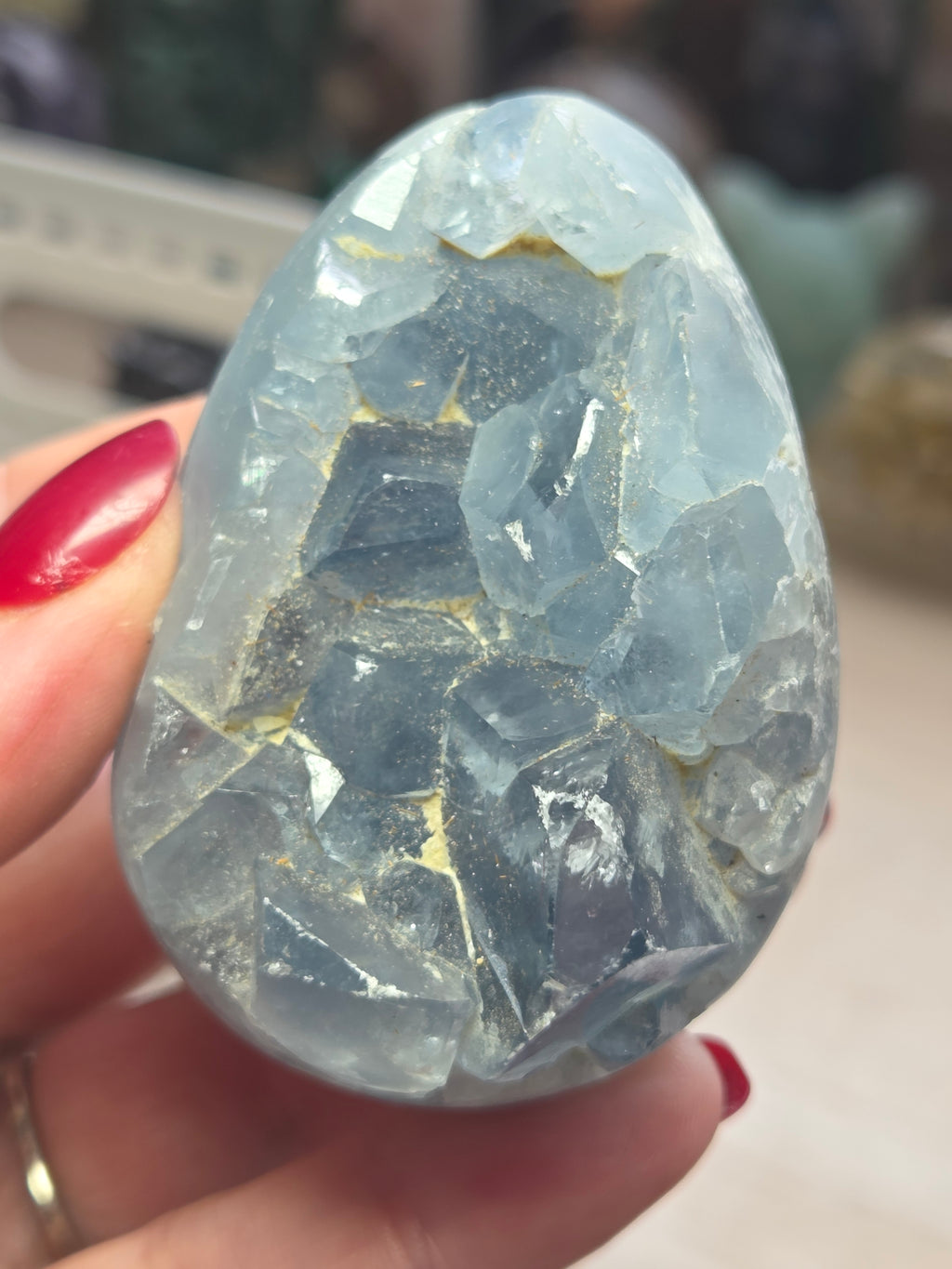Blue celicite crystal egg carving specimen