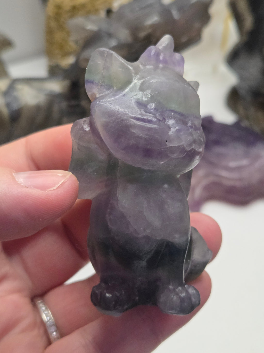 Rainbow flourite crystal Marie Cat carving