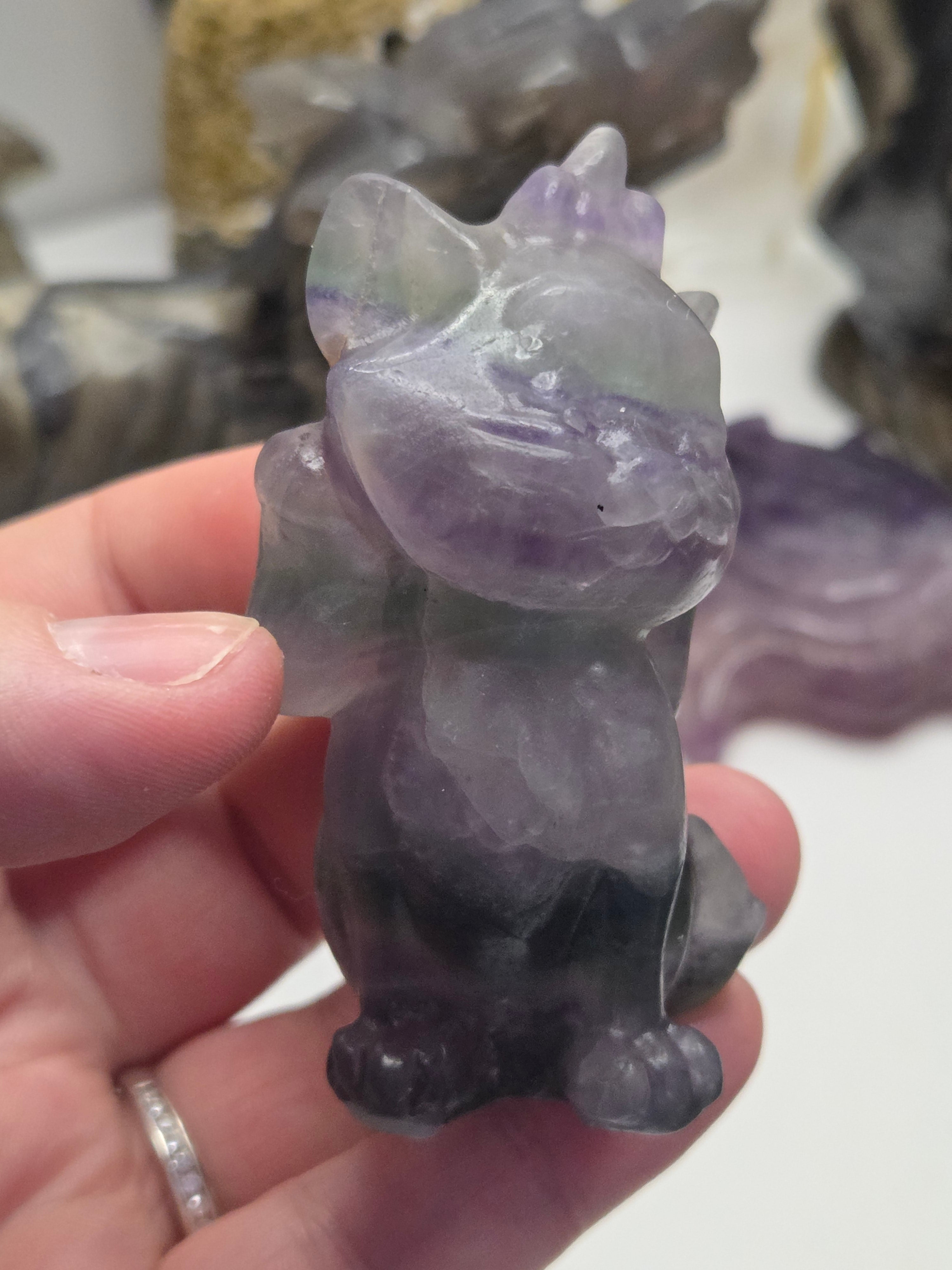 Rainbow flourite crystal Marie Cat carving