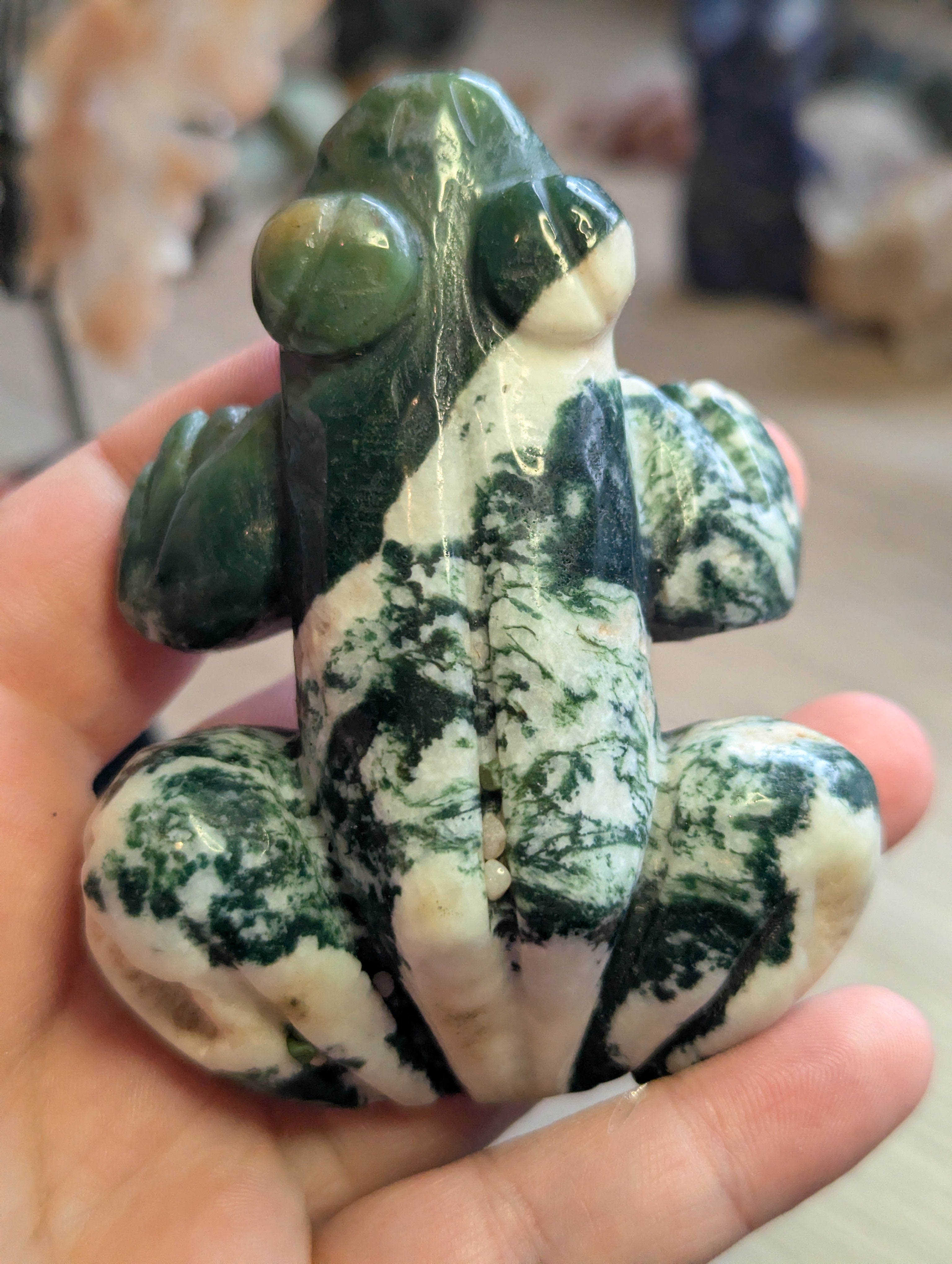 Large Moss Agate crystal frog carving