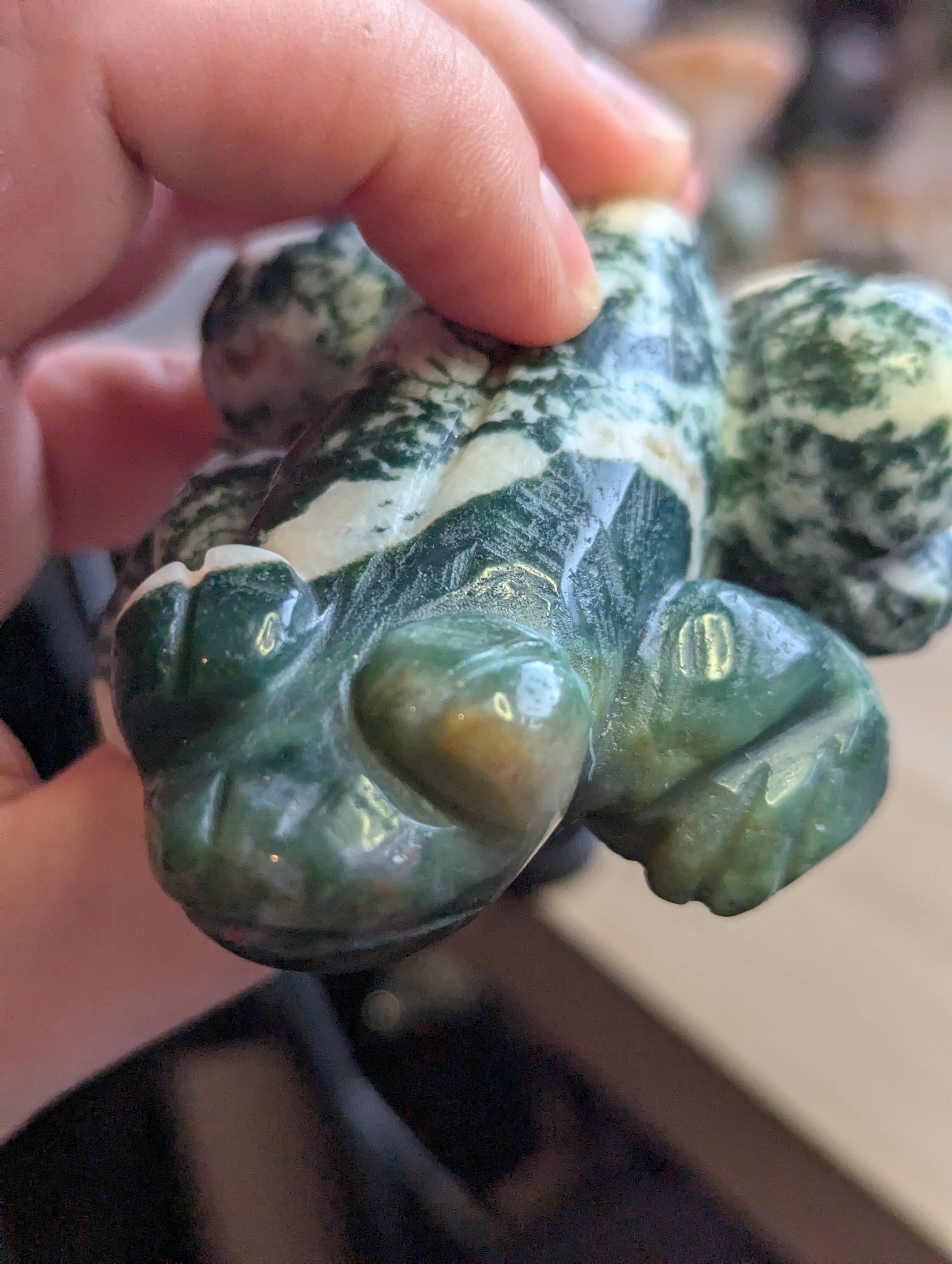 Large Moss Agate crystal frog carving