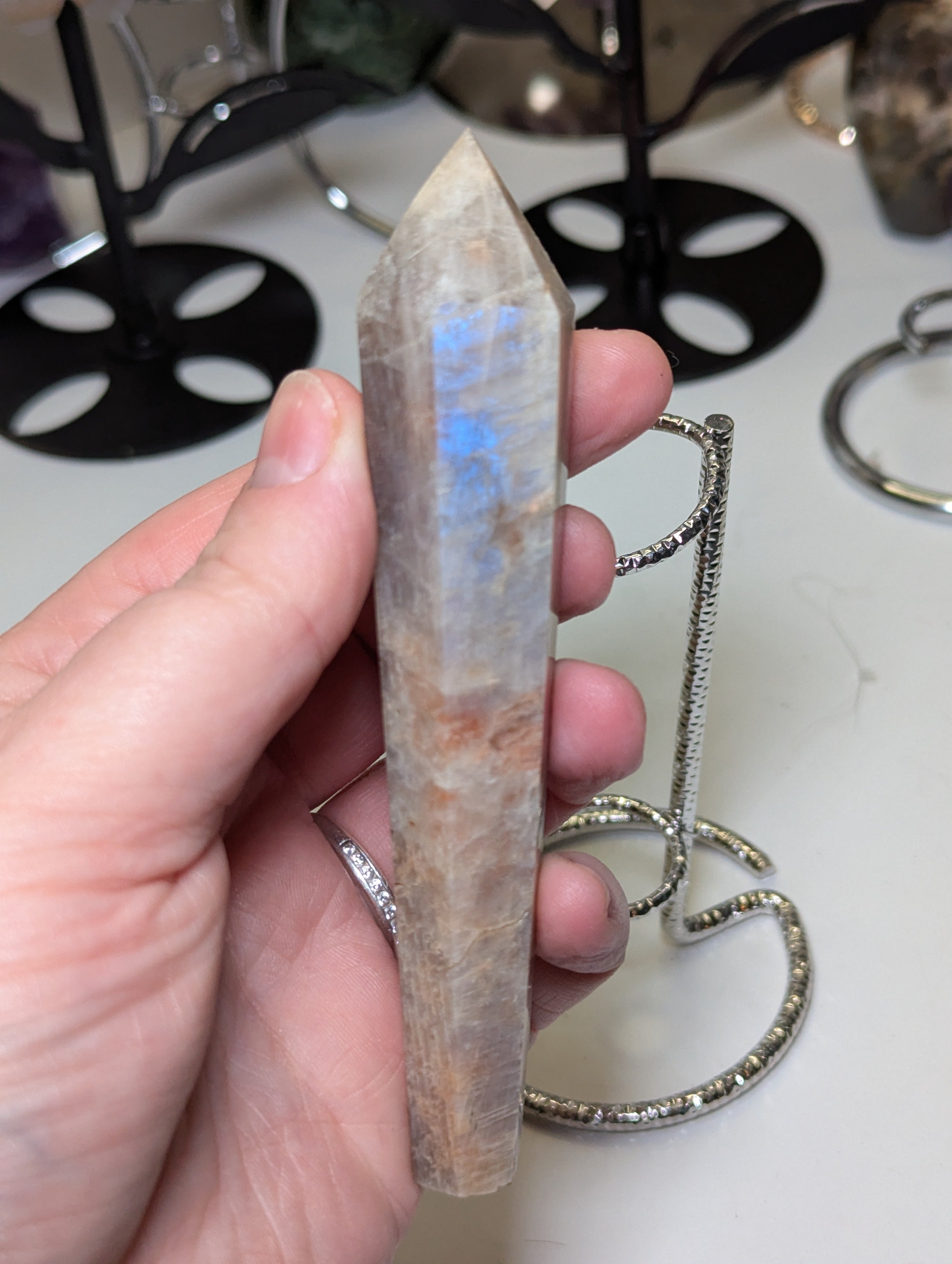 Sunstone and moonstone crystal wand with stand