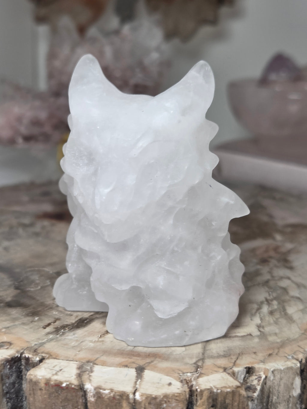 Clear quartz crystal dragon carving