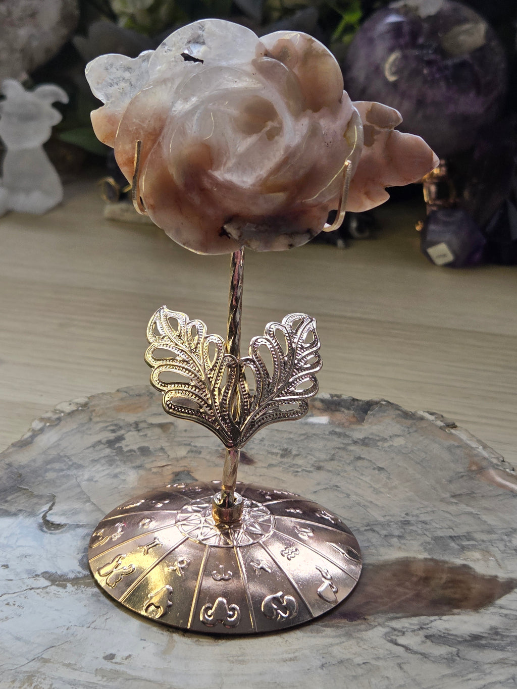 Stunning  Amethyst flower agate crystal rose with Stand