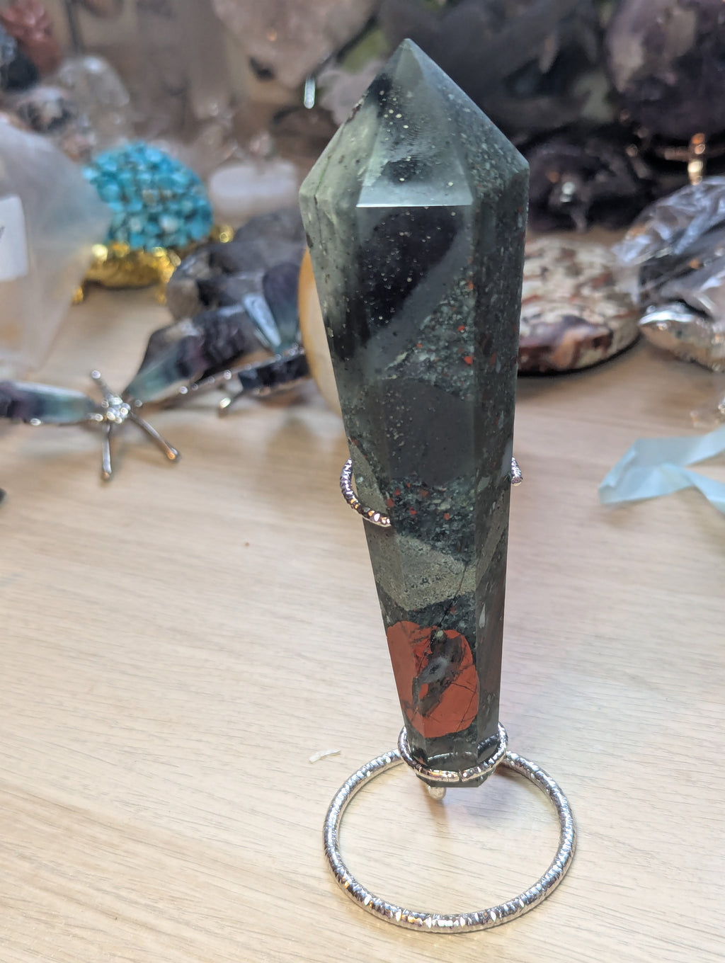 African blood stone crystal wand with stand