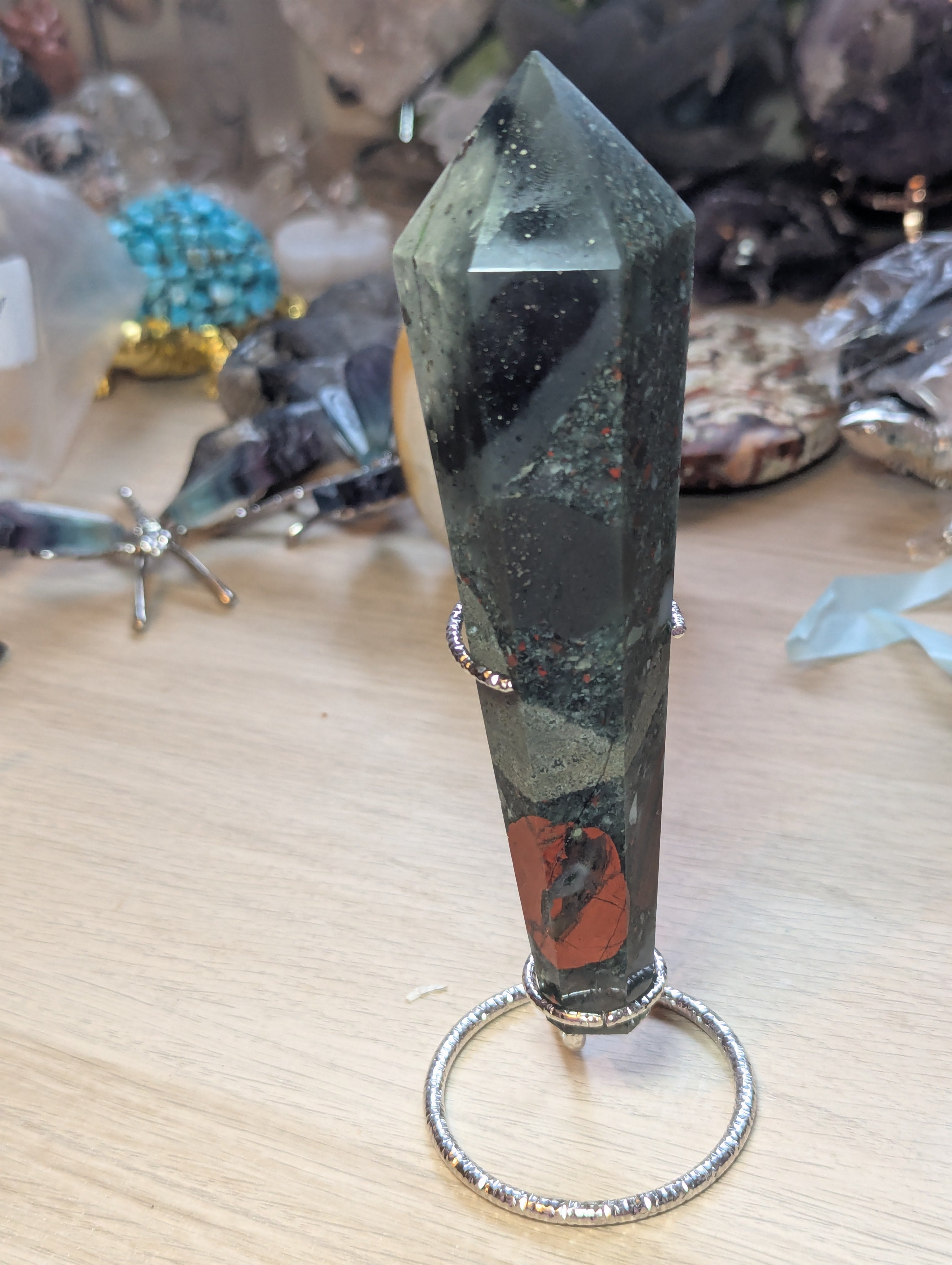 African blood stone crystal wand with stand