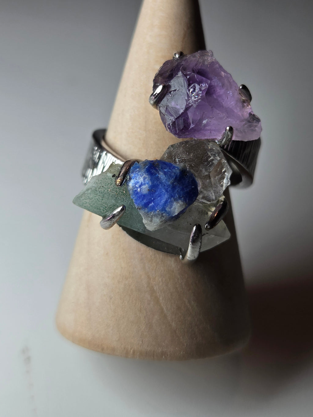 Specimen adjustable ring  amethyst garden quartz lapis lazuli and quartz