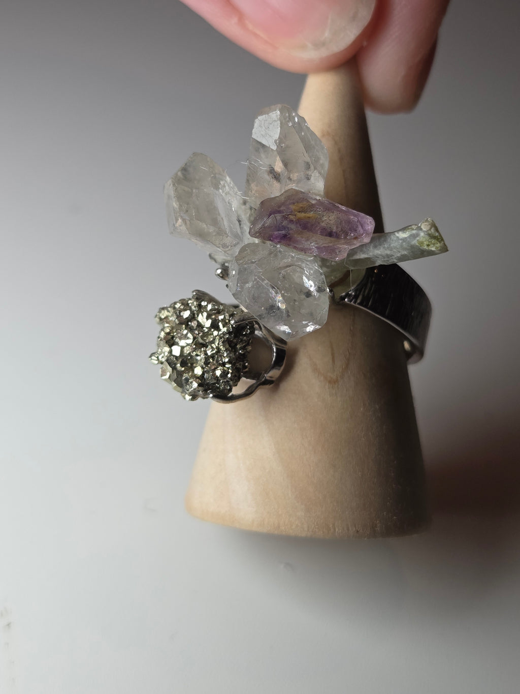 Specimen adjustable ring including super 7, quartz and pyrite