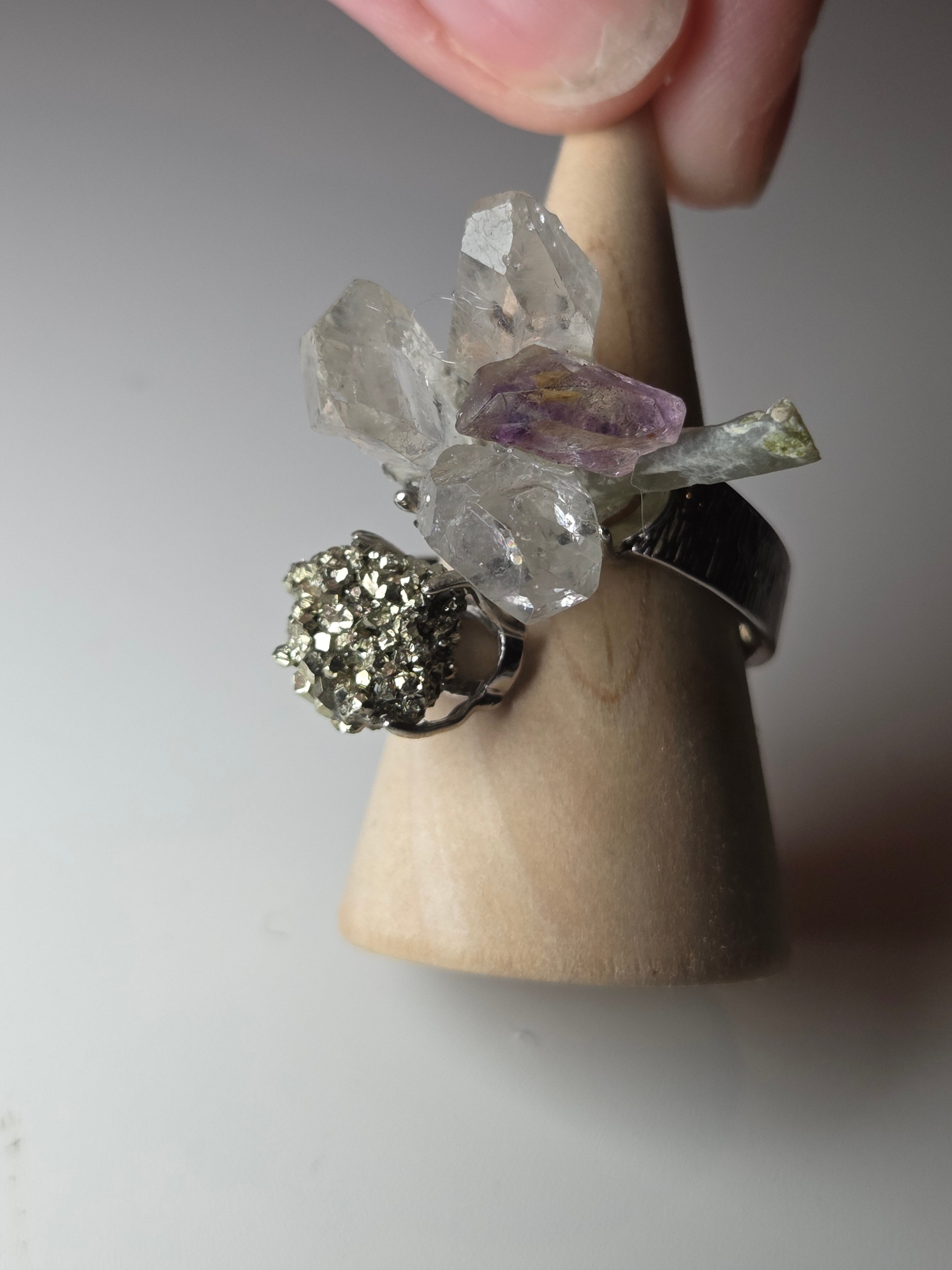 Specimen adjustable ring including super 7, quartz and pyrite