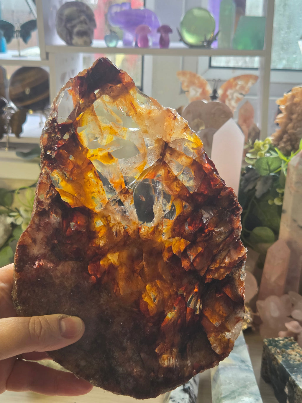 XL Grade A A fire quartz crystal slice with stand