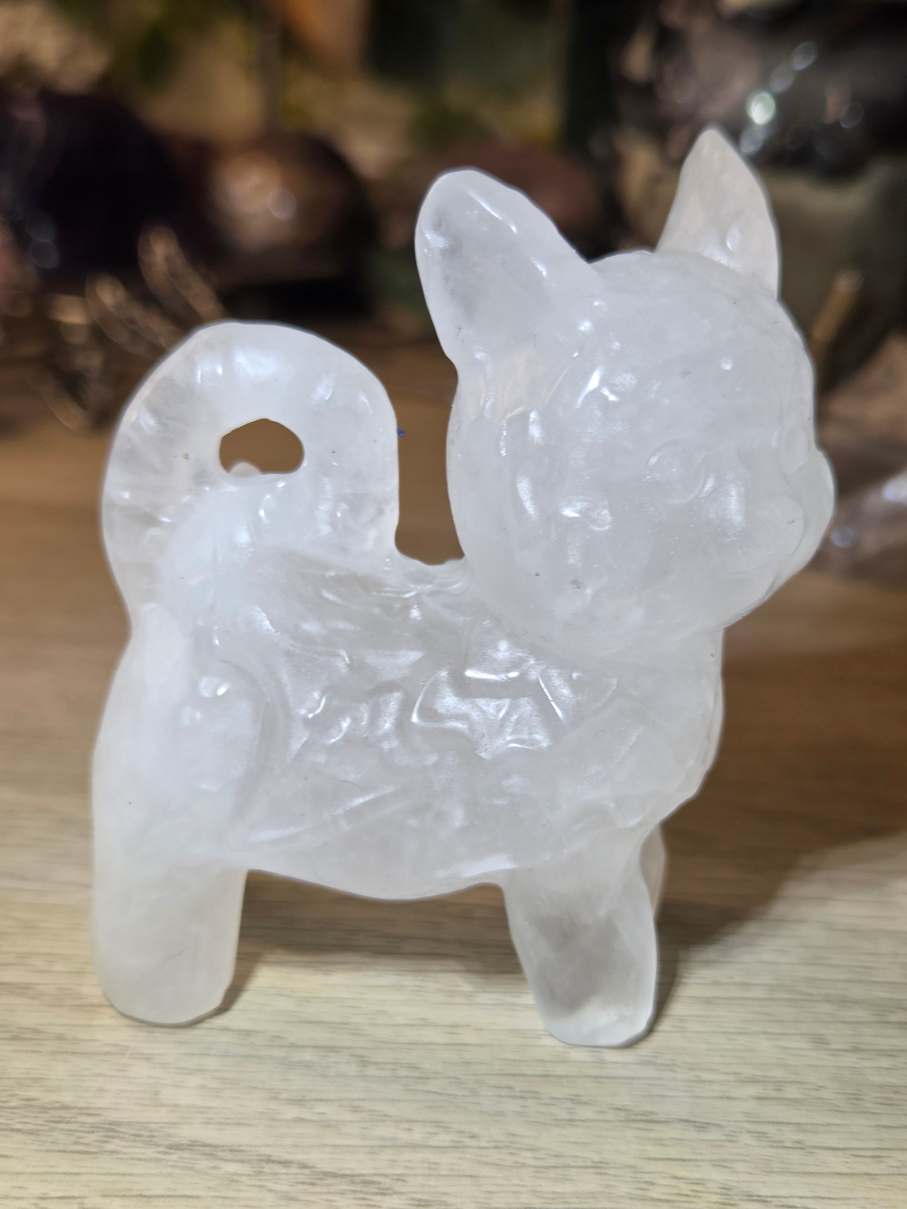 Clear quartz crystal cat carving