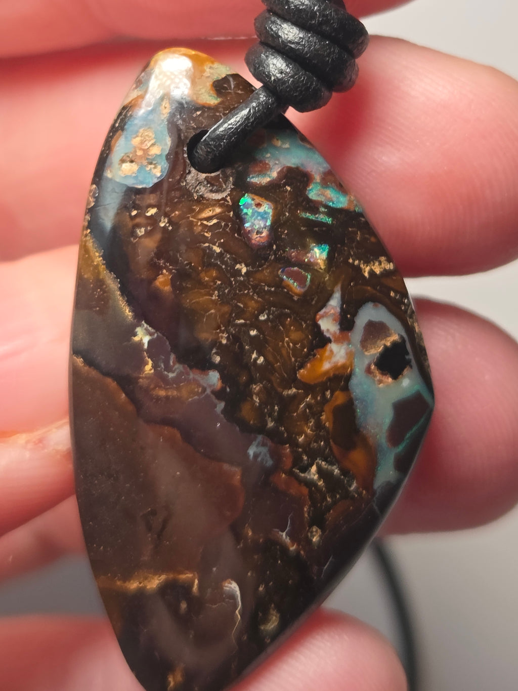 Amazing  bolder opal handmade cut and polished  with leather  chain