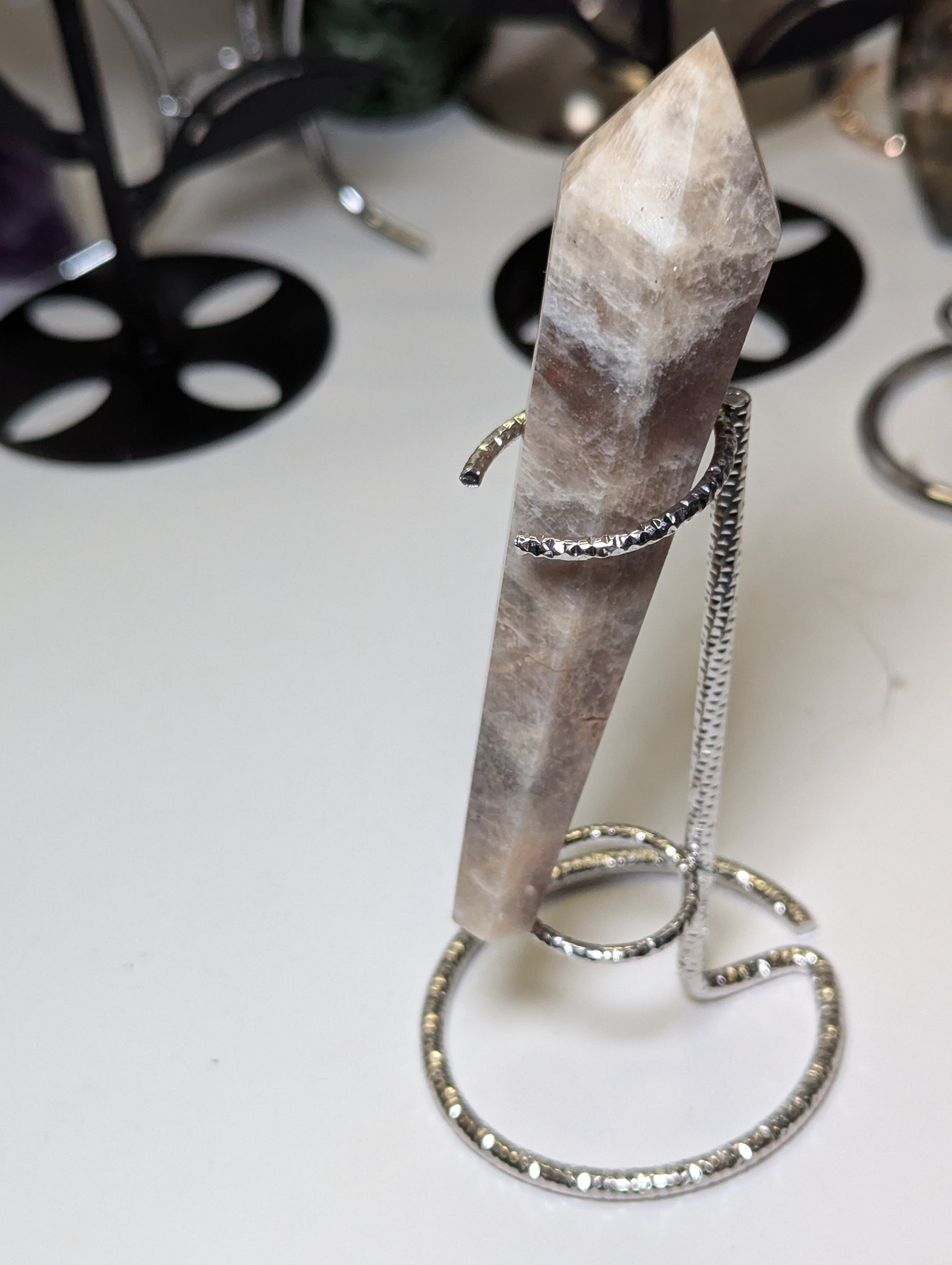 Sunstone and moonstone crystal wand with stand